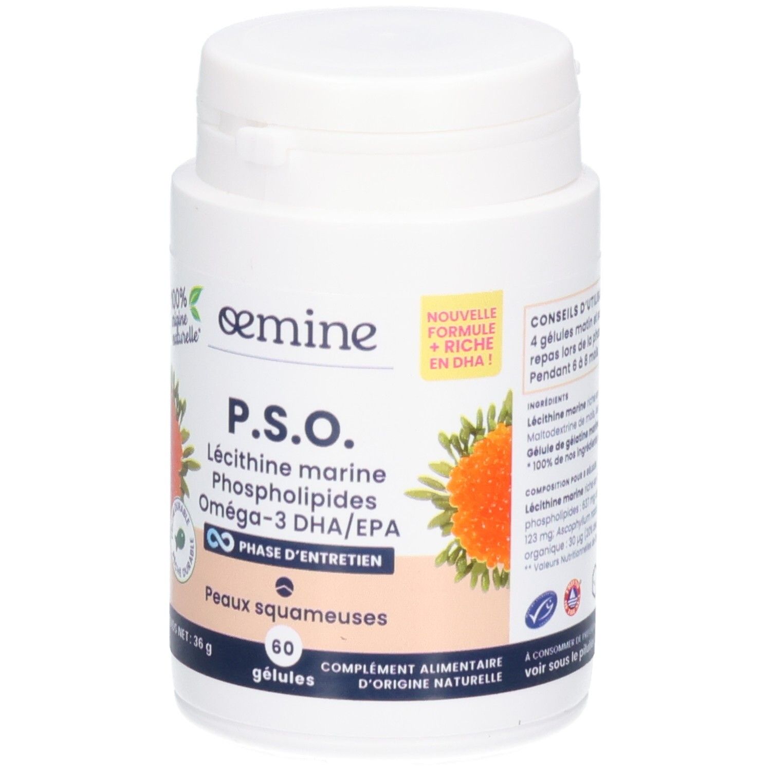 Gélules Oemine PSO: Lécithine marine, Oméga-3 DHA/EPA pour peaux squameuses. 60 gélules.