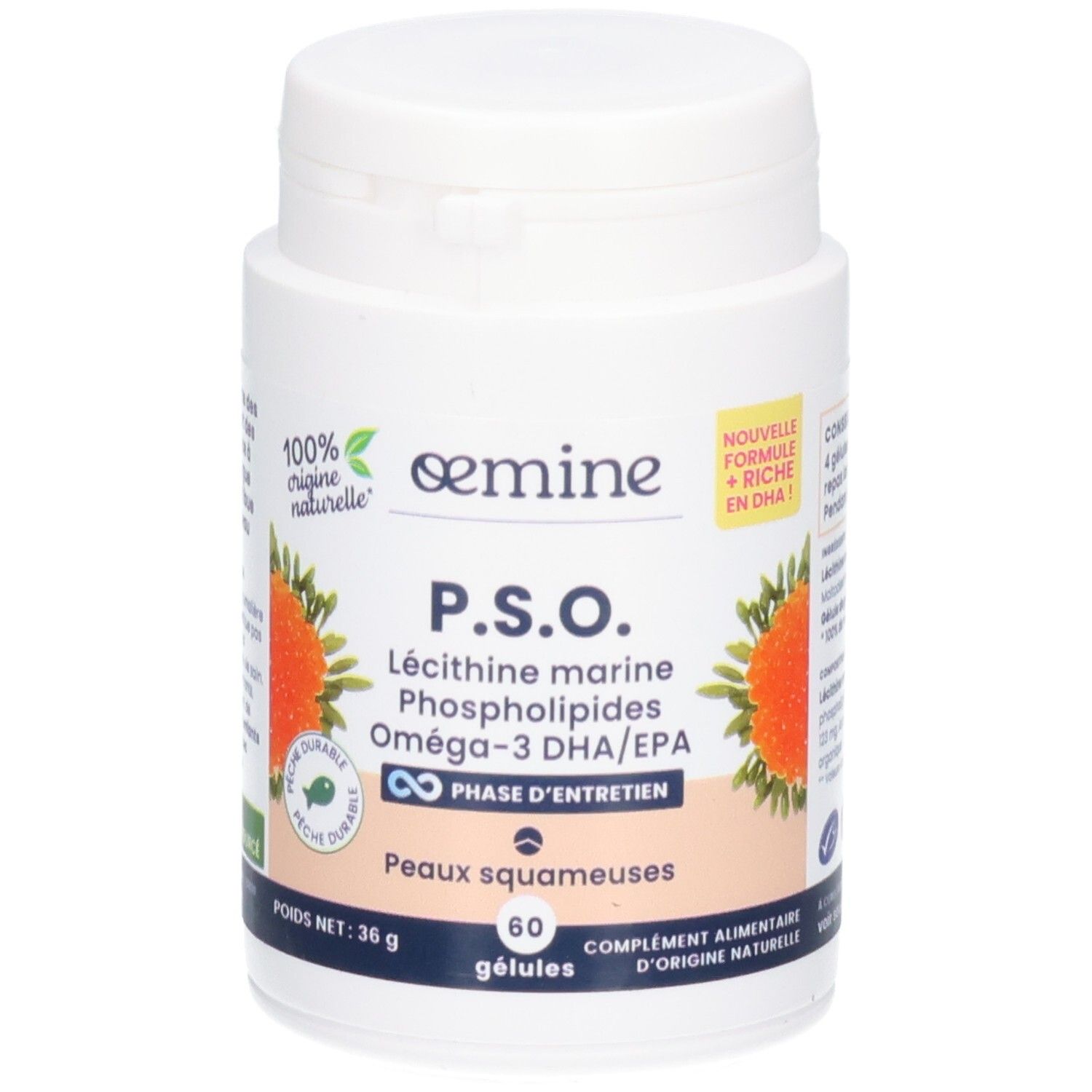 Gélules Oemine PSO: Lécithine marine, Oméga-3 DHA/EPA pour peaux squameuses. 60 gélules.