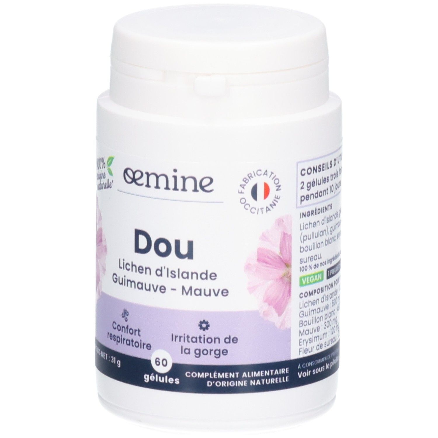 Oemine Dou Gélules: Lichen, Guimauve, Malve. 60 gélules, vegan.