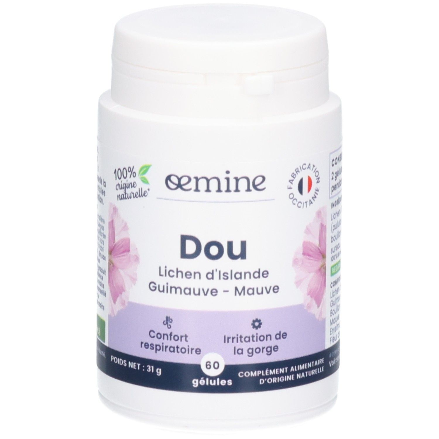 Oemine Dou Gélules: Lichen, Guimauve, Malve. 60 gélules, vegan.