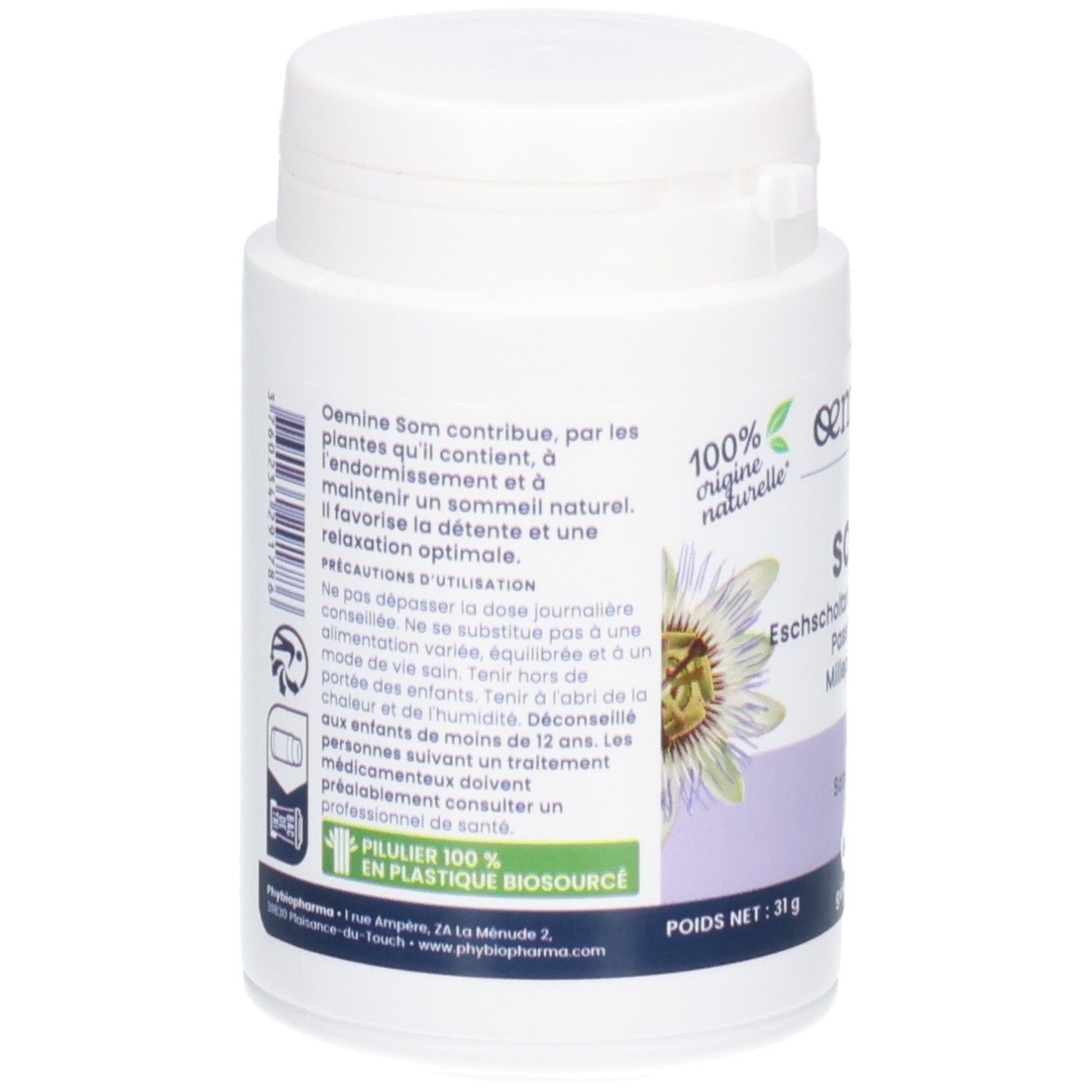 Arrière du pot OEMINE SOM. Informations sur les ingrédients et l'utilisation.