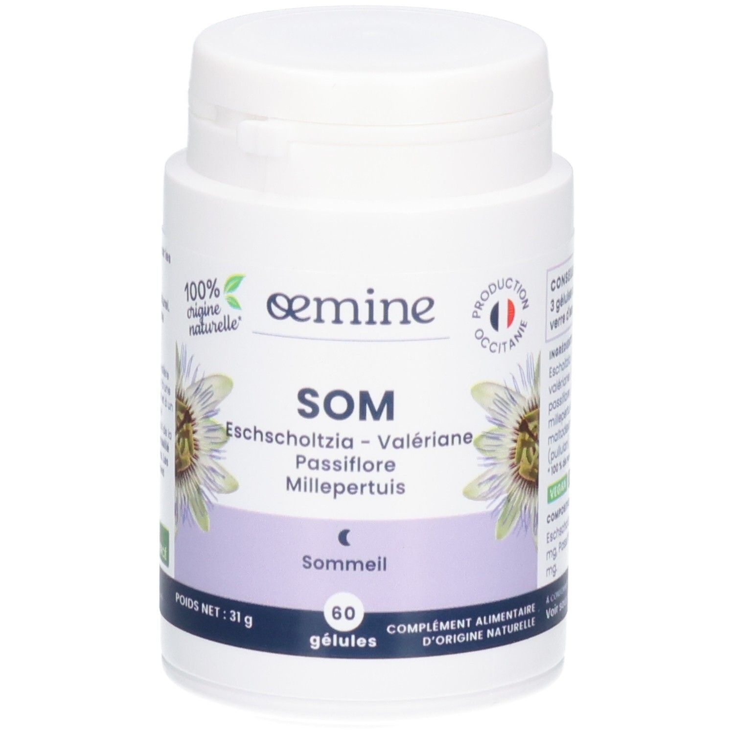 Pot blanc OEMINE SOM, 60 gélules. Avec motifs floraux et symbole sommeil.