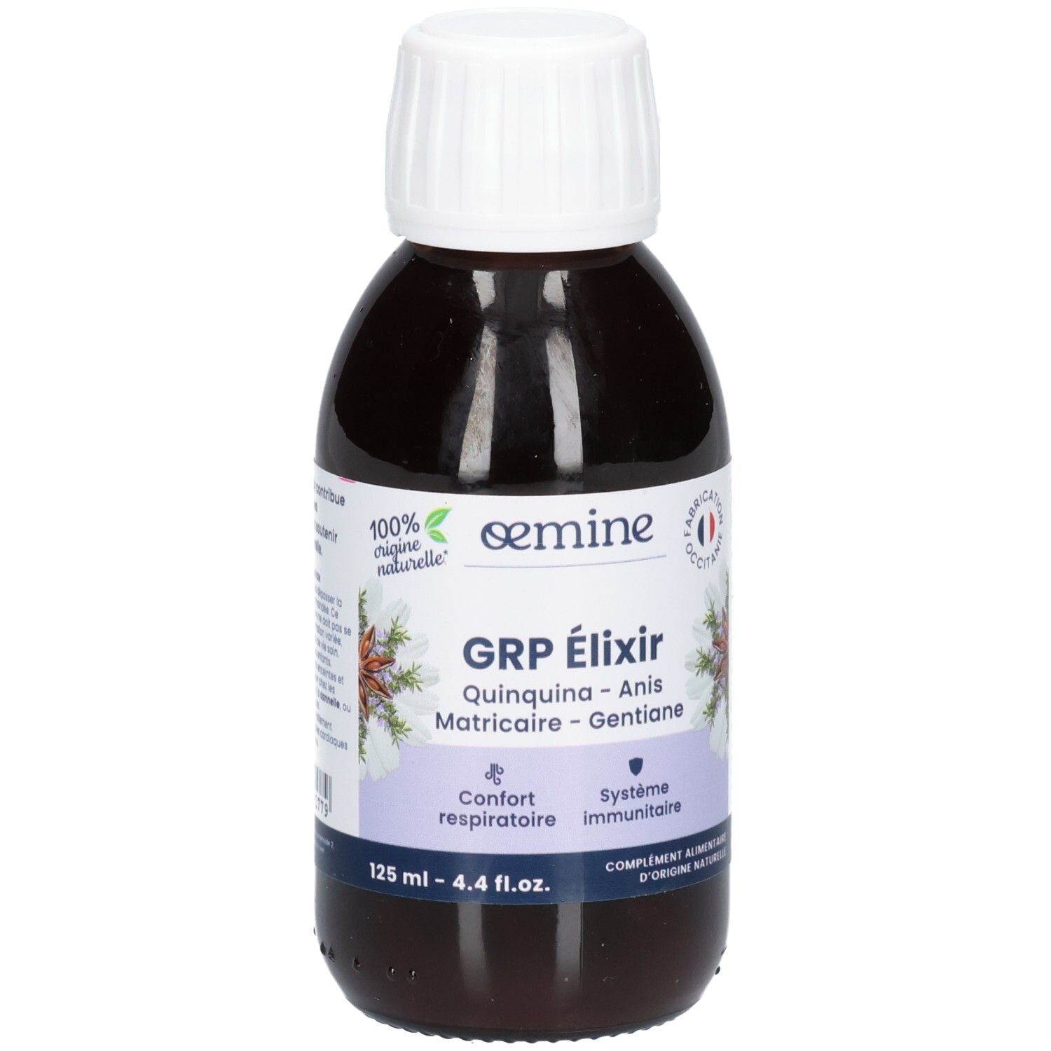 Flacon en verre brun avec bouchon à vis blanc, étiquette avec illustration de plantes et informations produit.
