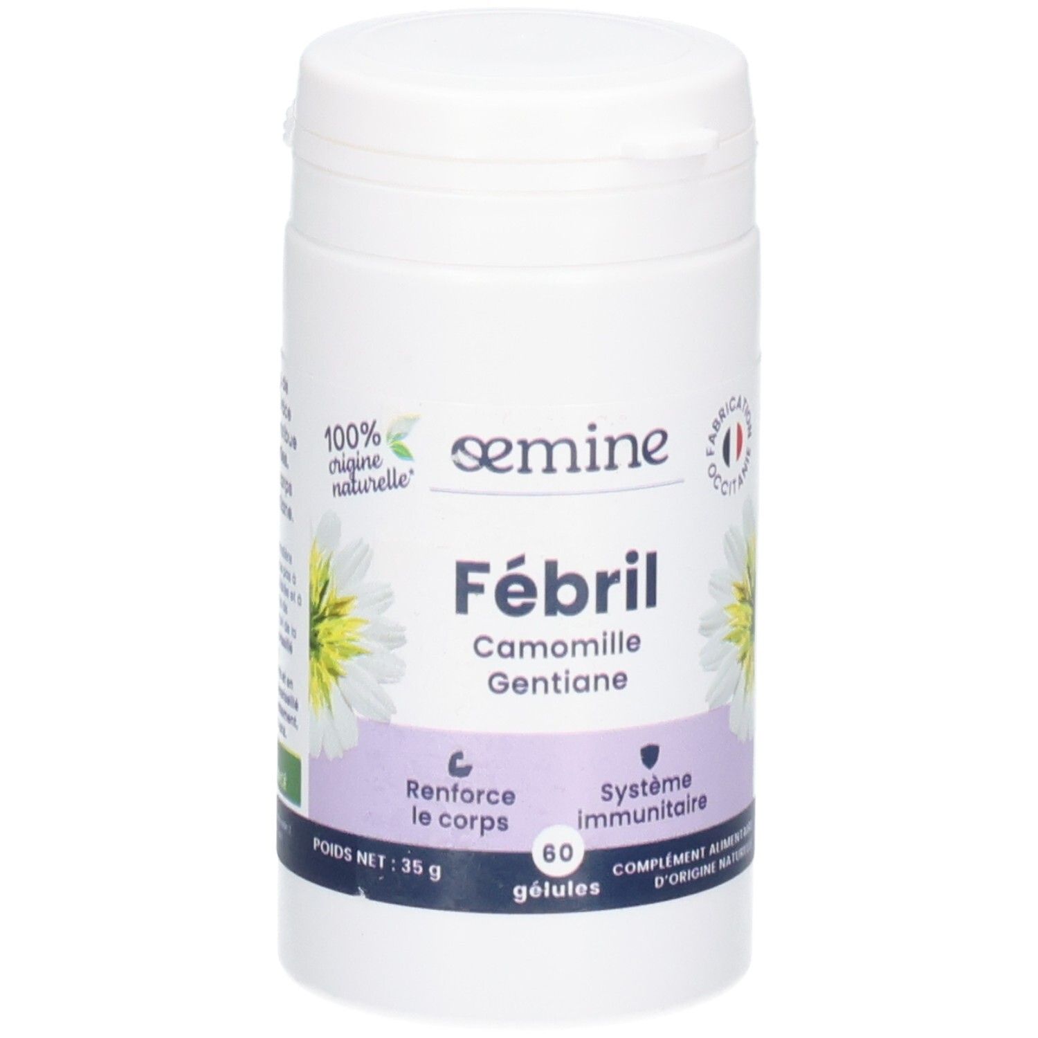 Pilulier blanc avec étiquette : "Fébril, Camomille, Gentiane", 60 gélules.