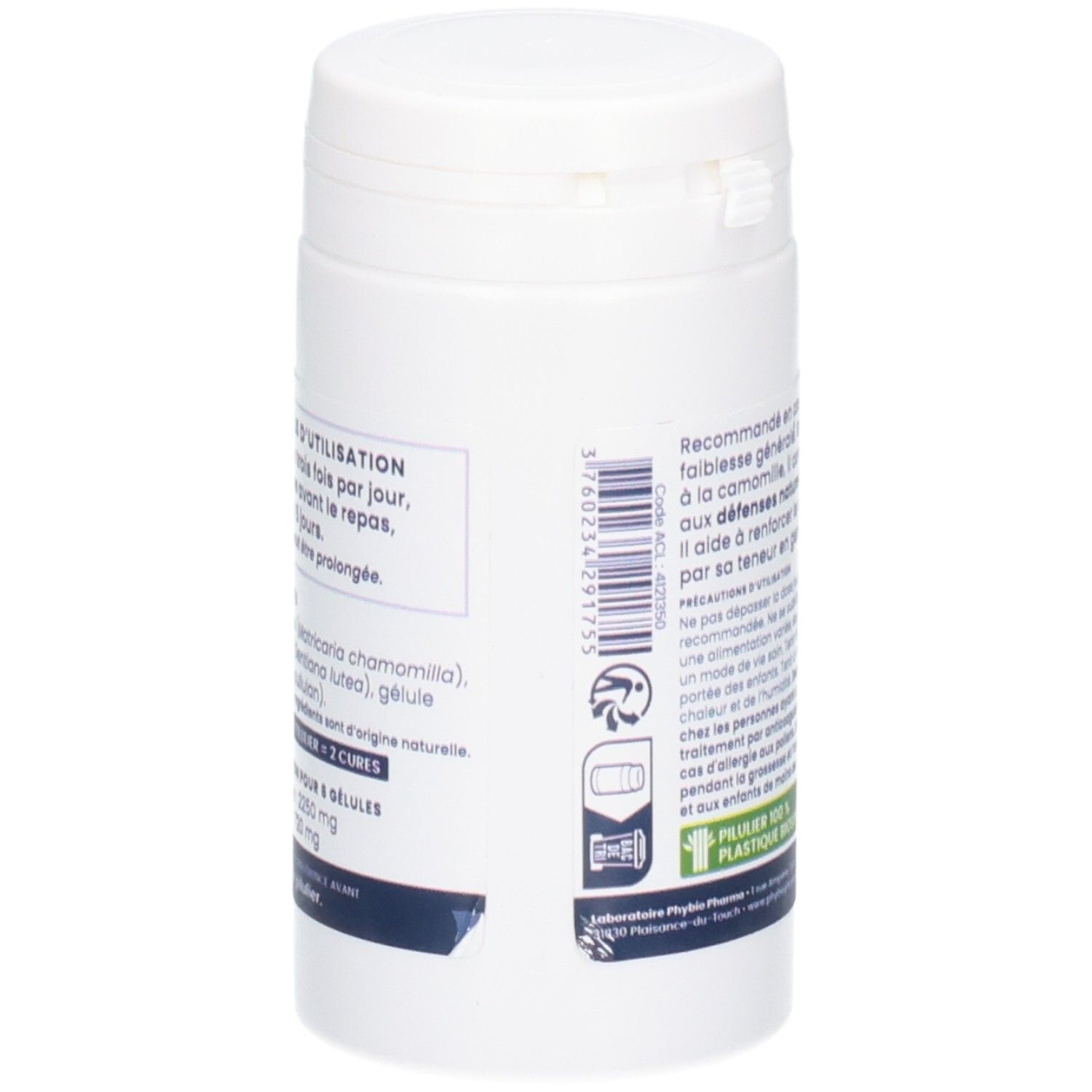 Vue latérale d'un pilulier blanc avec code-barres et informations produit.