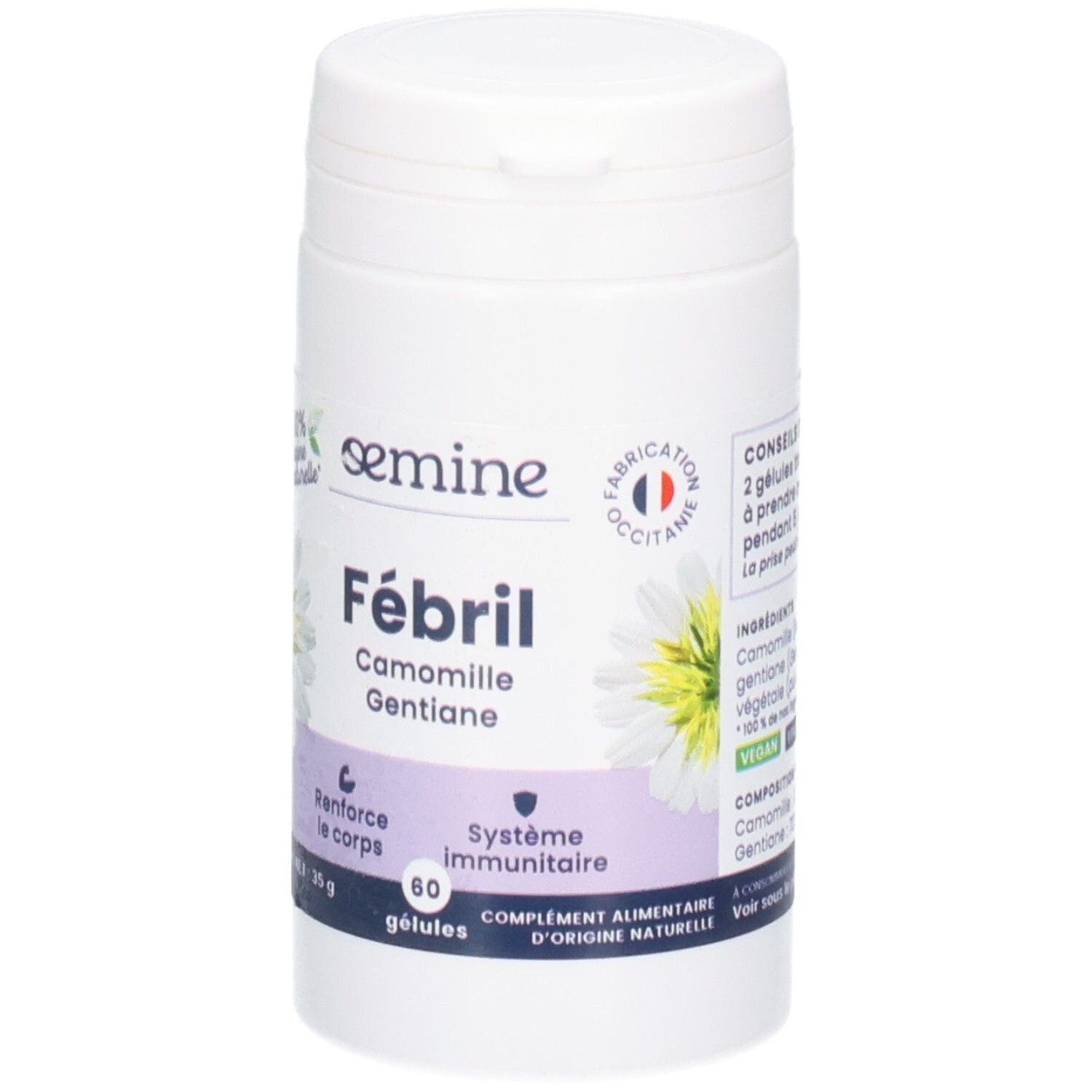 Pilulier blanc avec étiquette : "Fébril, Camomille, Gentiane", avec indication d'origine.