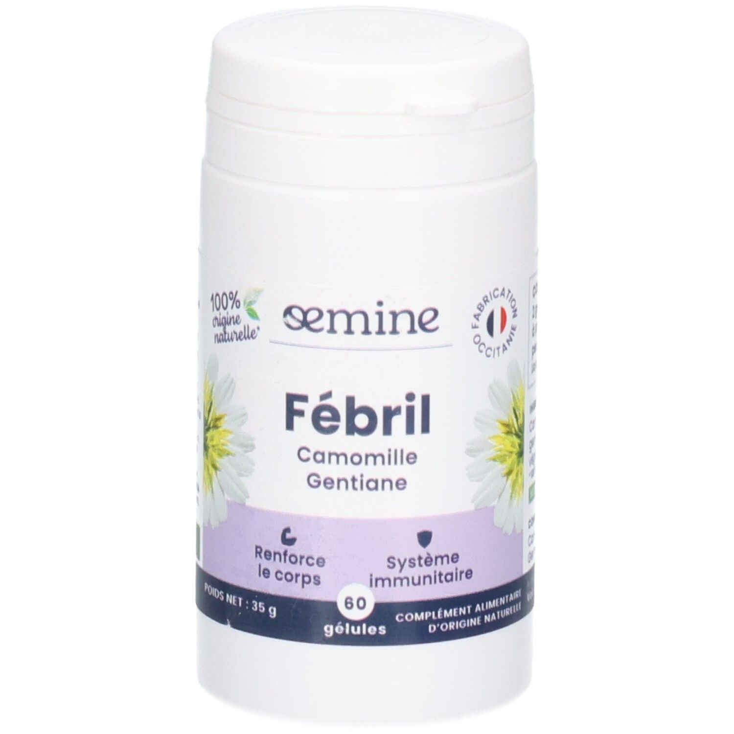 Pilulier blanc avec étiquette : "Fébril, Camomille, Gentiane", 60 gélules, 35g.