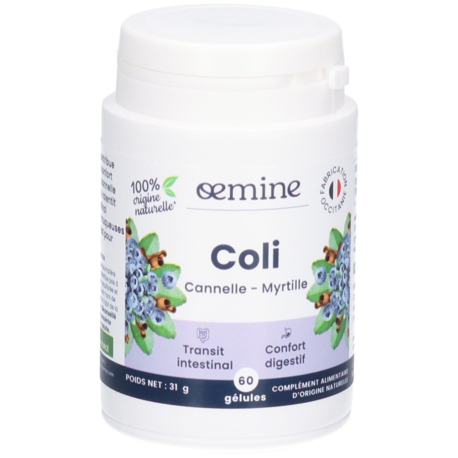 Gélules Oemine Coli Cannelle-Myrtille, boîte de 60 gélules.