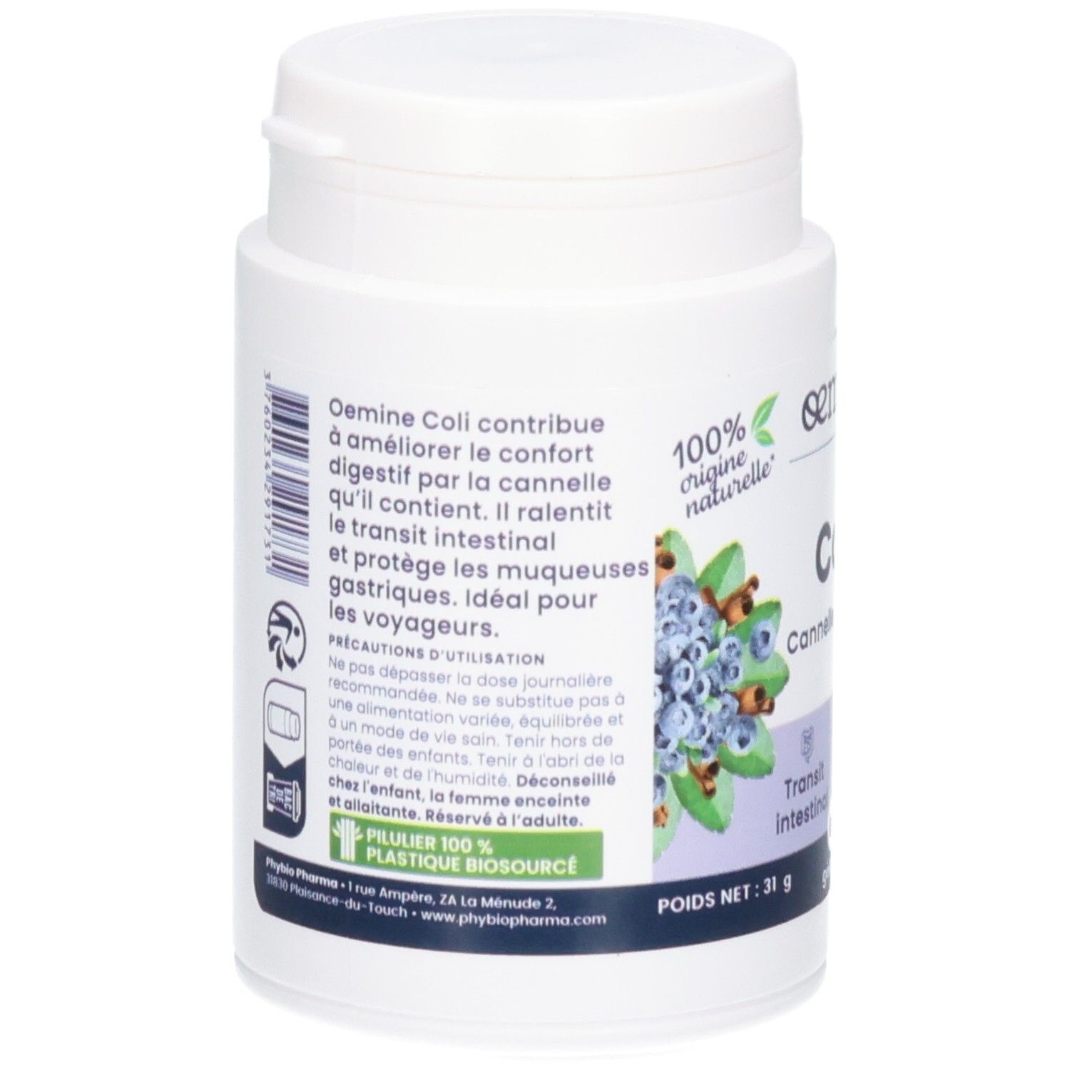 Arrière de la boîte de gélules Oemine Coli avec informations produit.