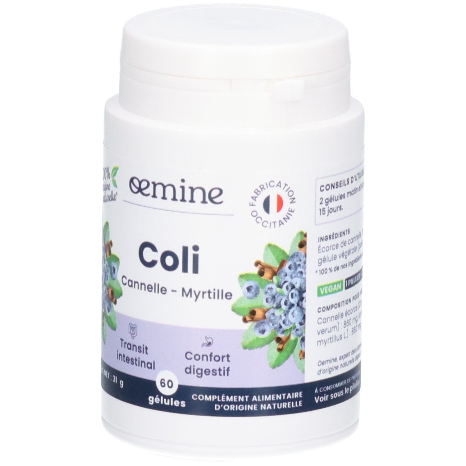 Gélules Oemine Coli Cannelle-Myrtille, 60 pièces, vegan.