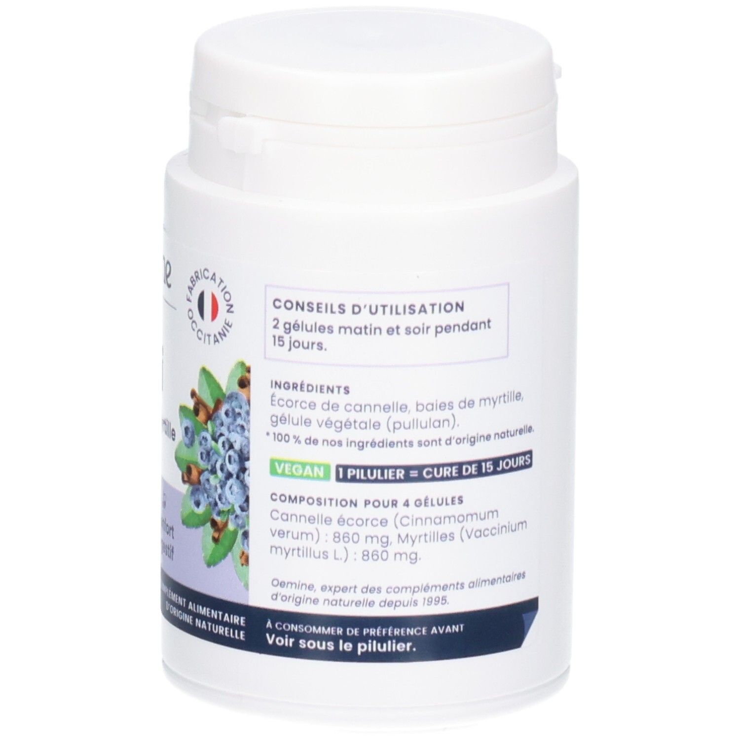 Arrière de la boîte de gélules Oemine Coli avec ingrédients et conseils d'utilisation.