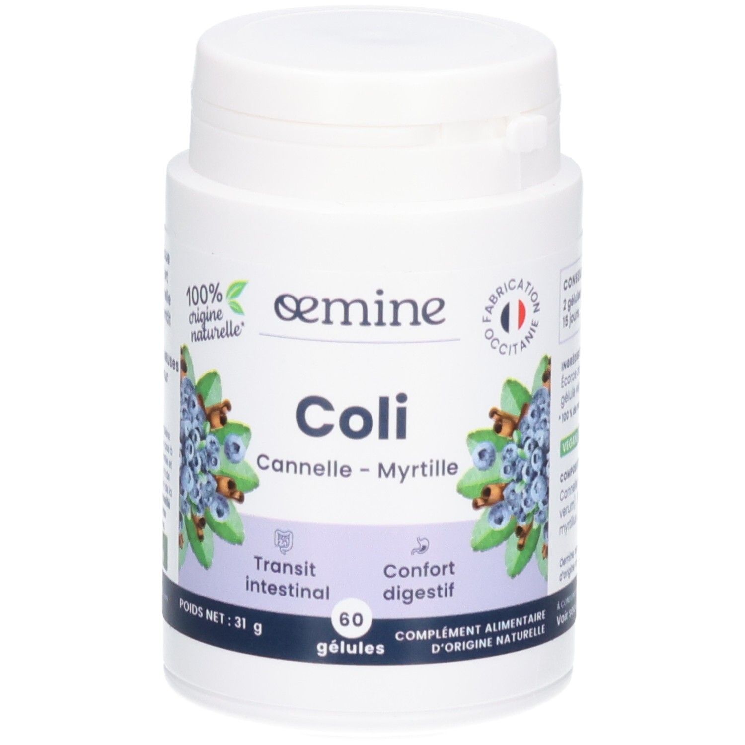 Vue de face de la boîte de gélules Oemine Coli avec illustration cannelle et myrtille.