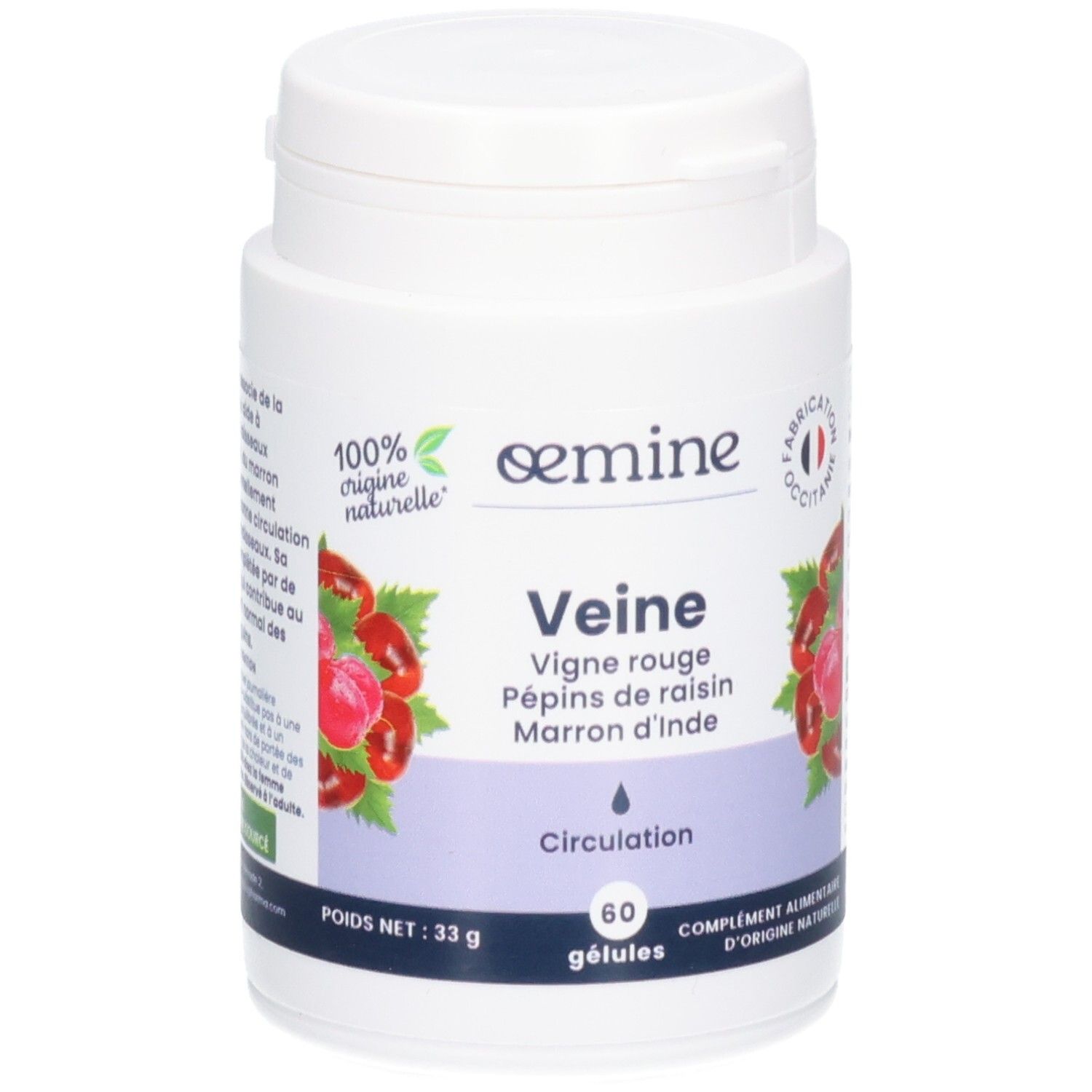 Oemine Veine Gélules: Vigne rouge, pépins de raisin, marron d'Inde. Pour la circulation. 60 gélules.
