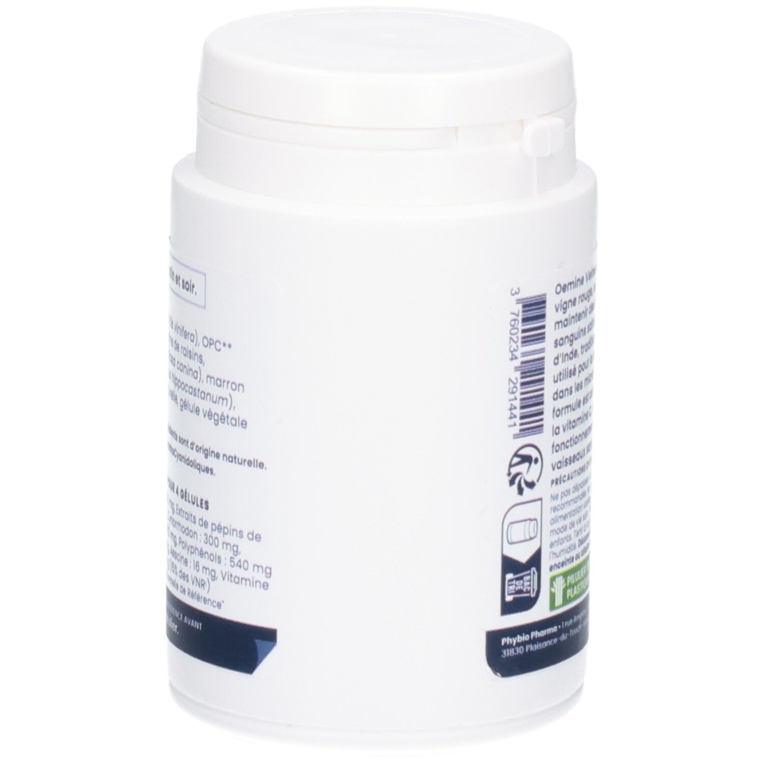 Oemine Veine Vue latérale: Flacon de 60 gélules pour la circulation. Ingrédients naturels.