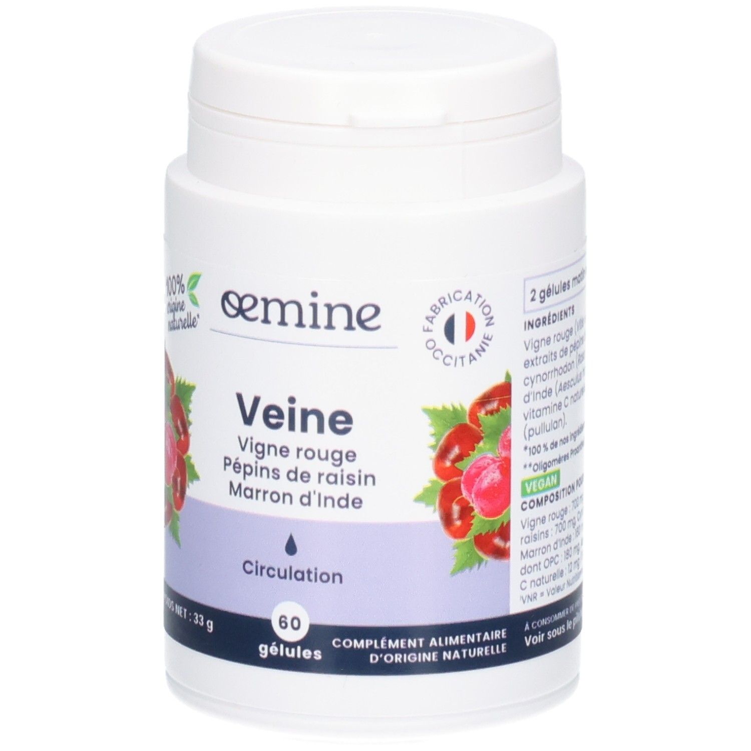 Oemine Veine Gélules: Vigne rouge, pépins de raisin, marron d'Inde. Pour la circulation. 60 gélules.