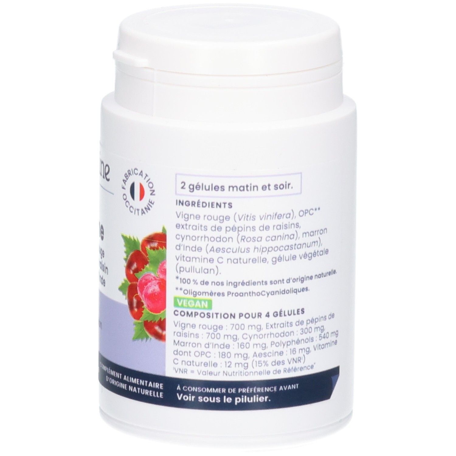 Oemine Veine Ingrédients: Vigne rouge, pépins de raisin, marron d'Inde, Vitamine C. Vegan. 60 gélules.