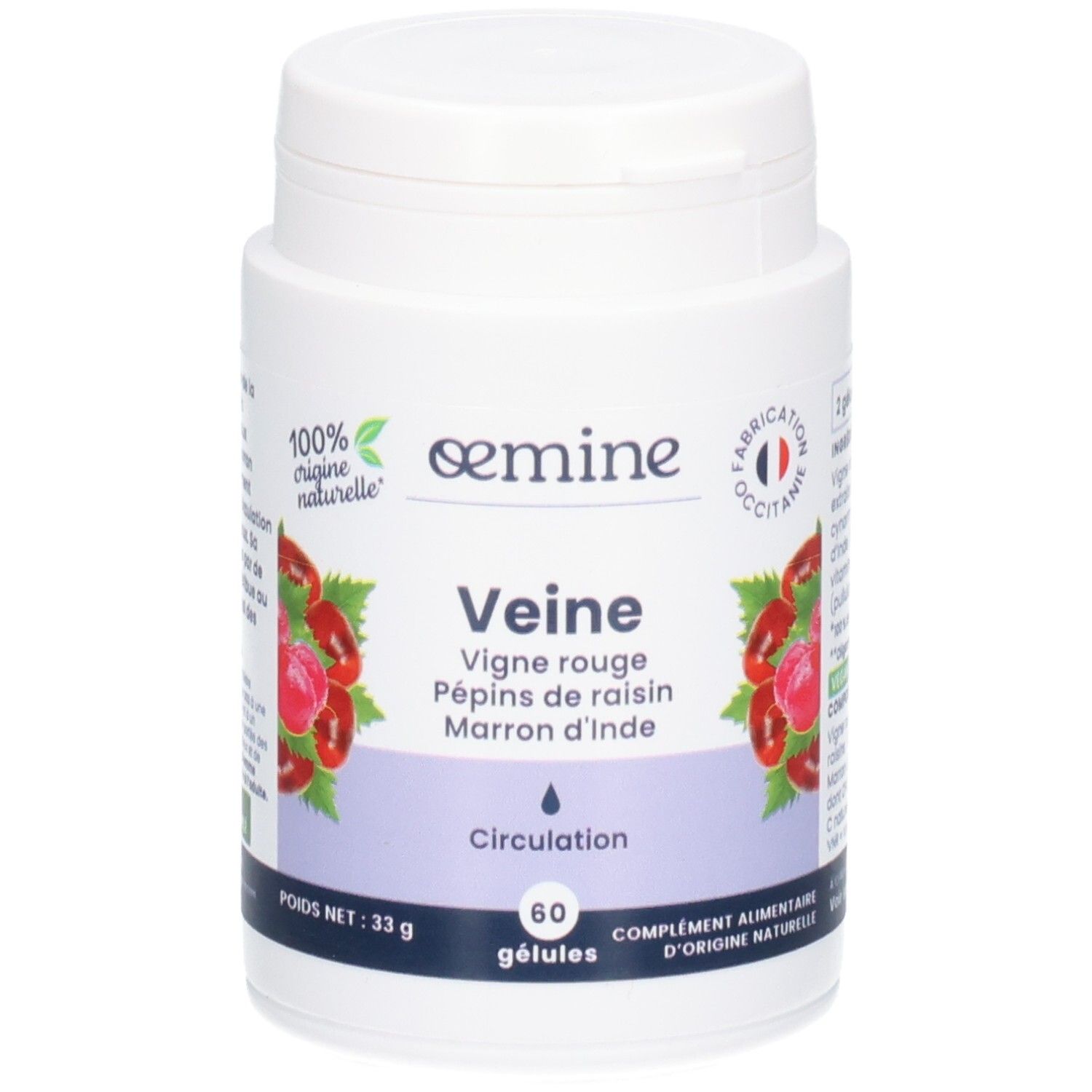 Oemine Veine Gélules: Vigne rouge, pépins de raisin, marron d'Inde. Pour la circulation. 60 gélules.