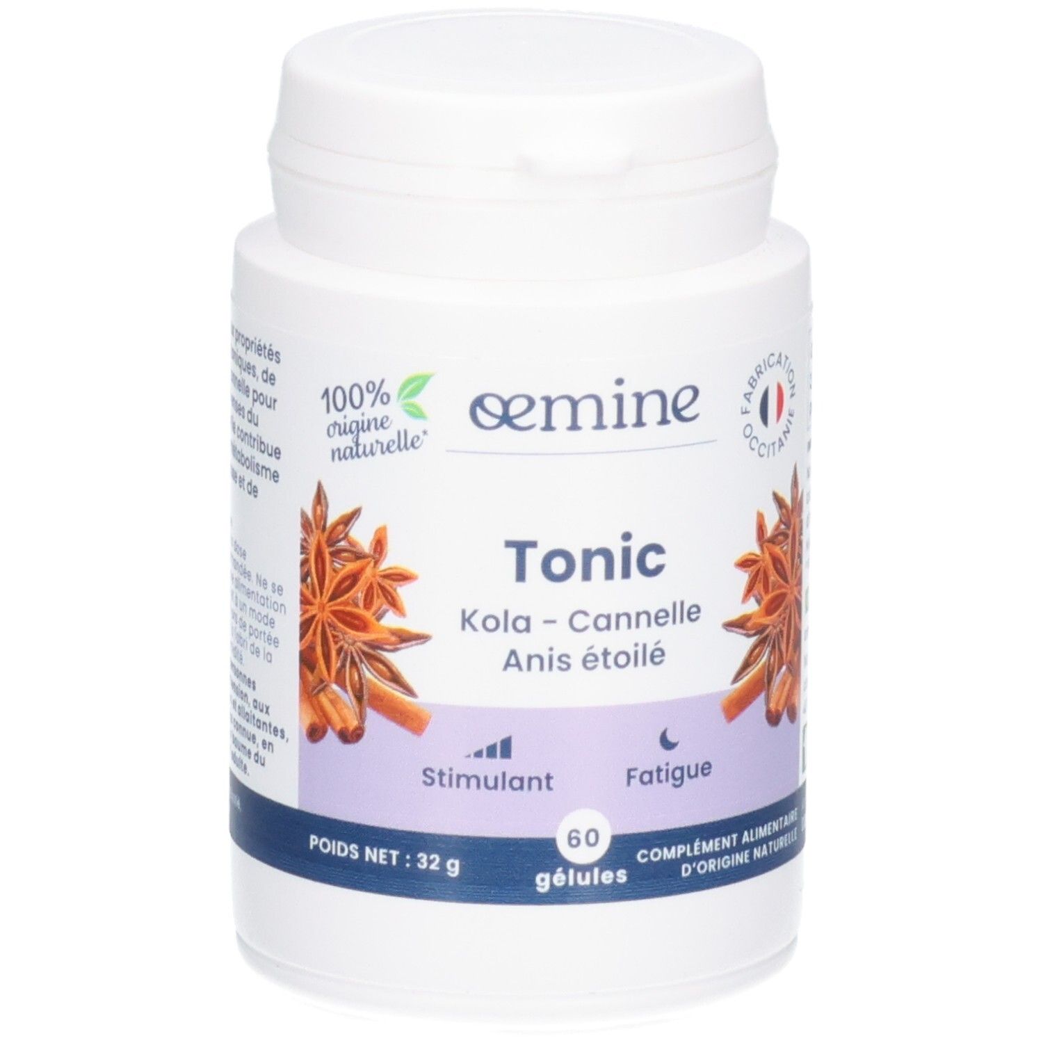 Pot blanc OEMINE TONIC, 60 gélules. Contient anis étoilé et cannelle.