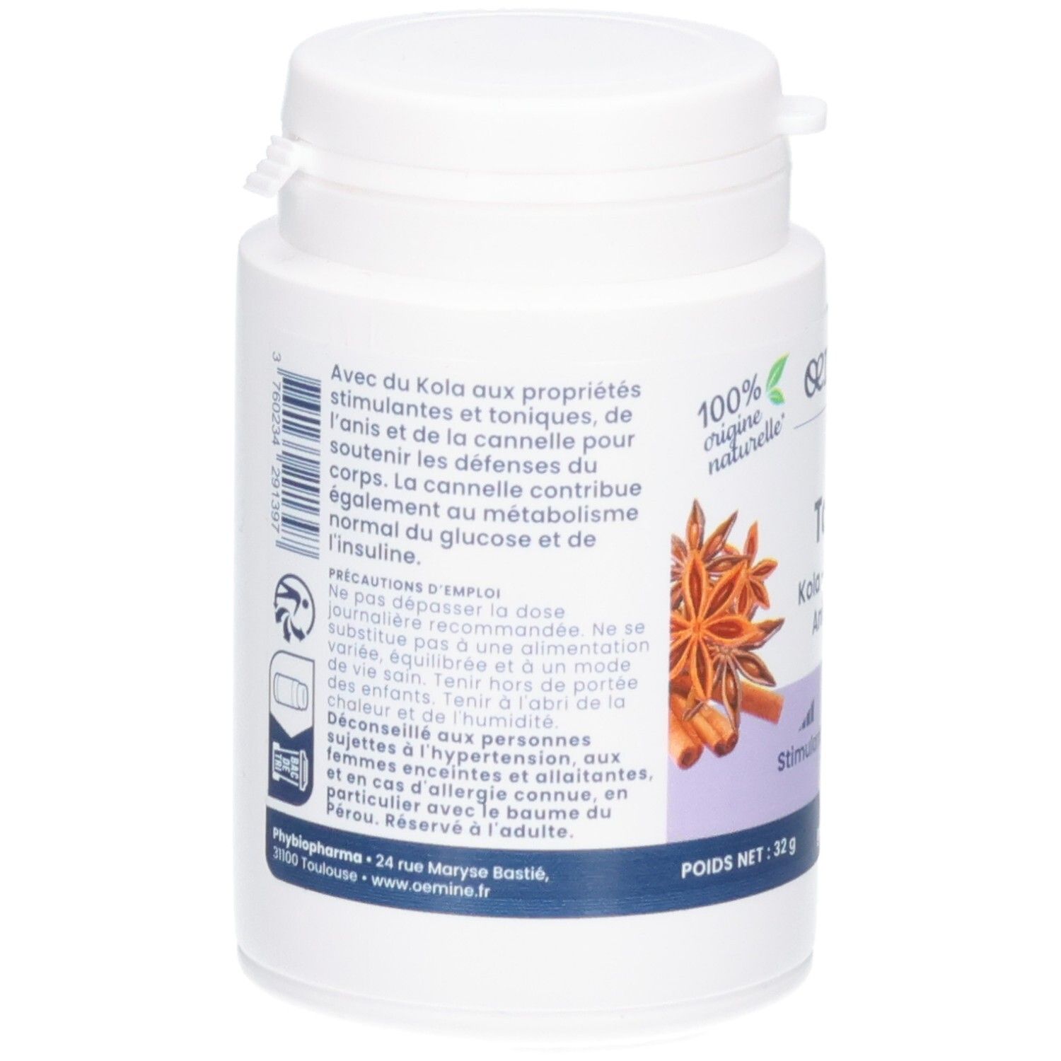 Arrière d'un pot OEMINE TONIC. Informations sur les ingrédients et l'utilisation.