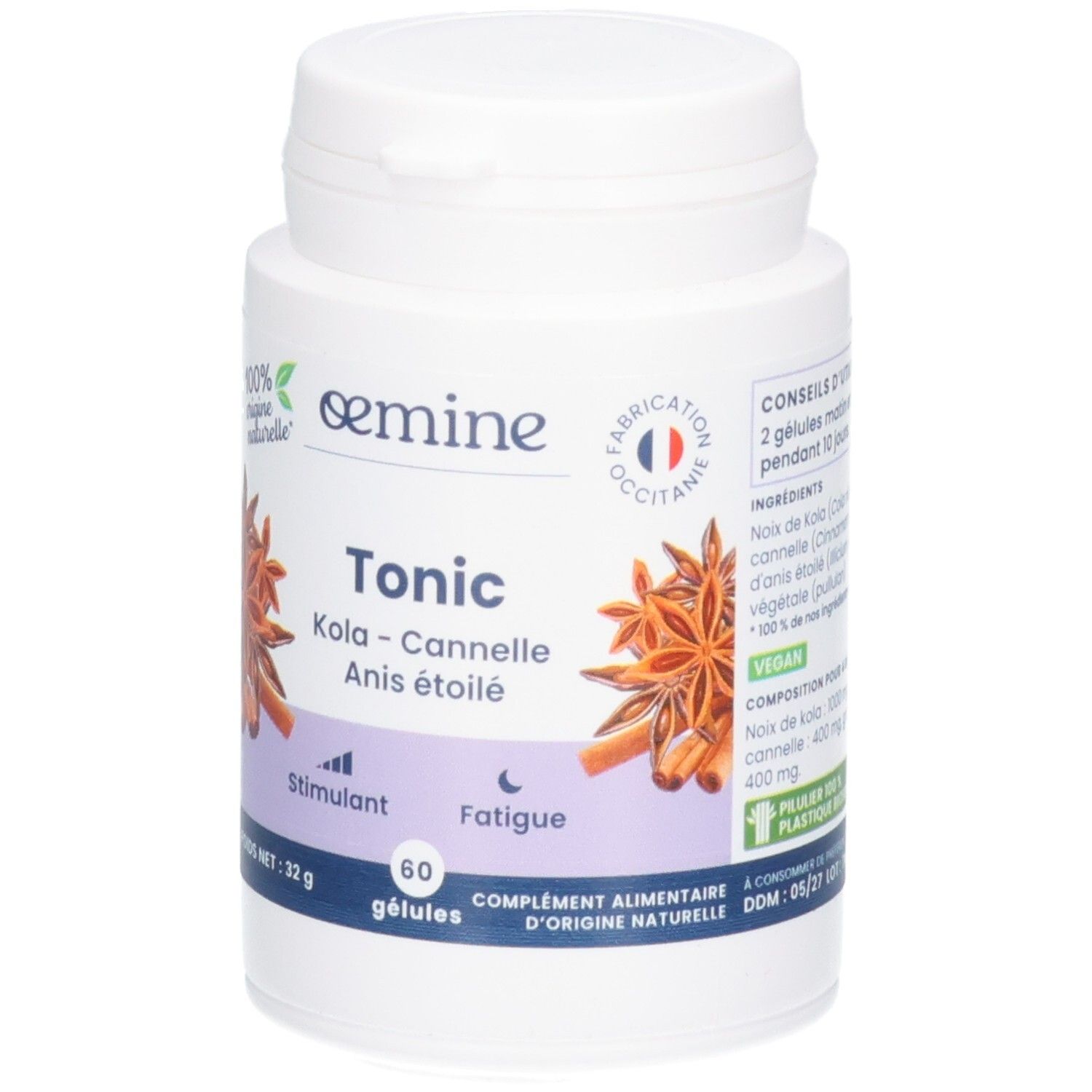 Avant d'un pot OEMINE TONIC. Contient anis étoilé, cannelle et kola.