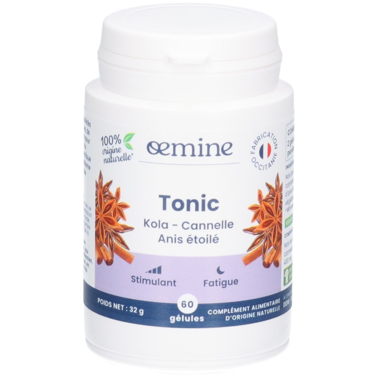 Pot blanc OEMINE TONIC, 60 gélules. Décoré d'anis étoilé et de cannelle.