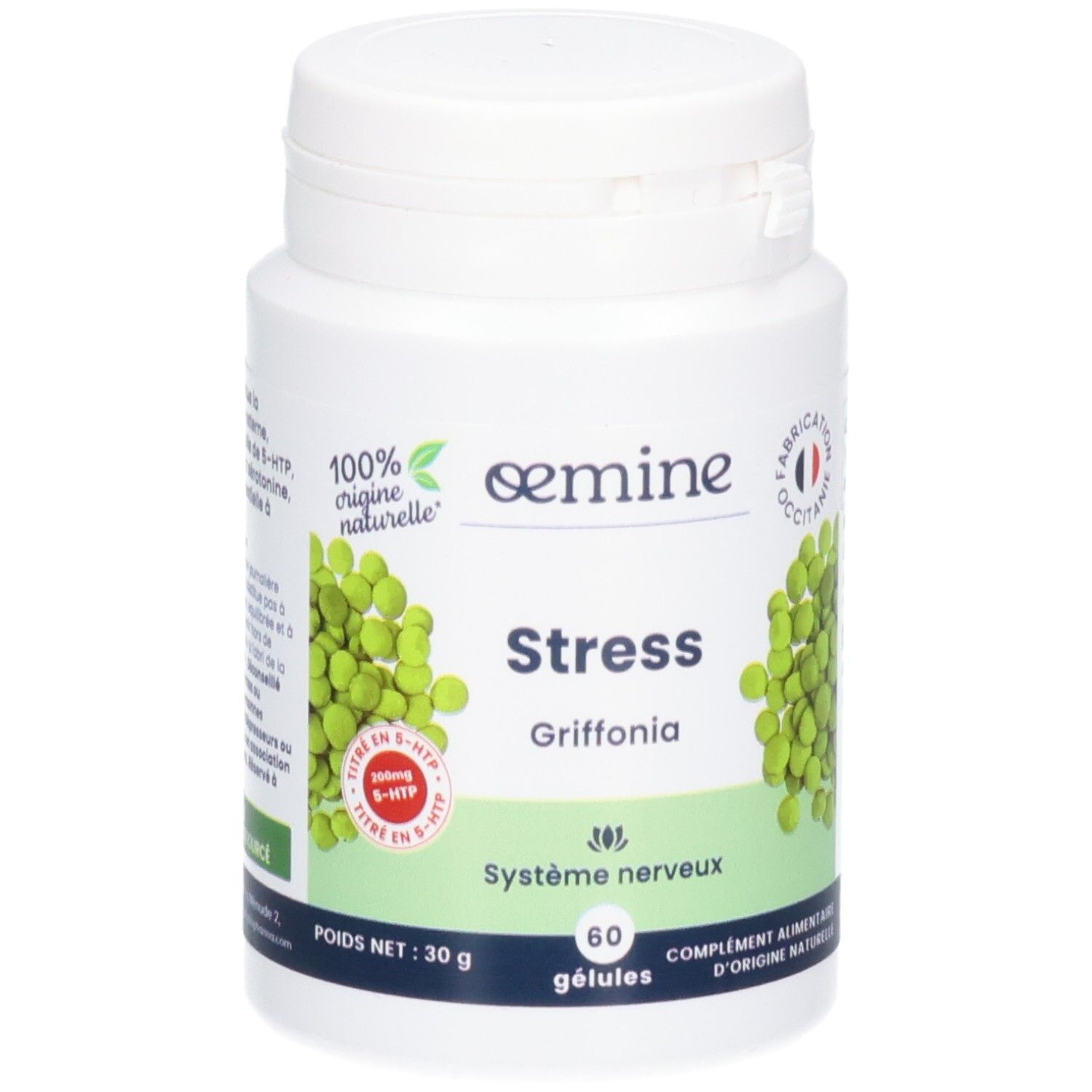 Pot blanc de gélules Griffonia pour le système nerveux. 60 gélules.