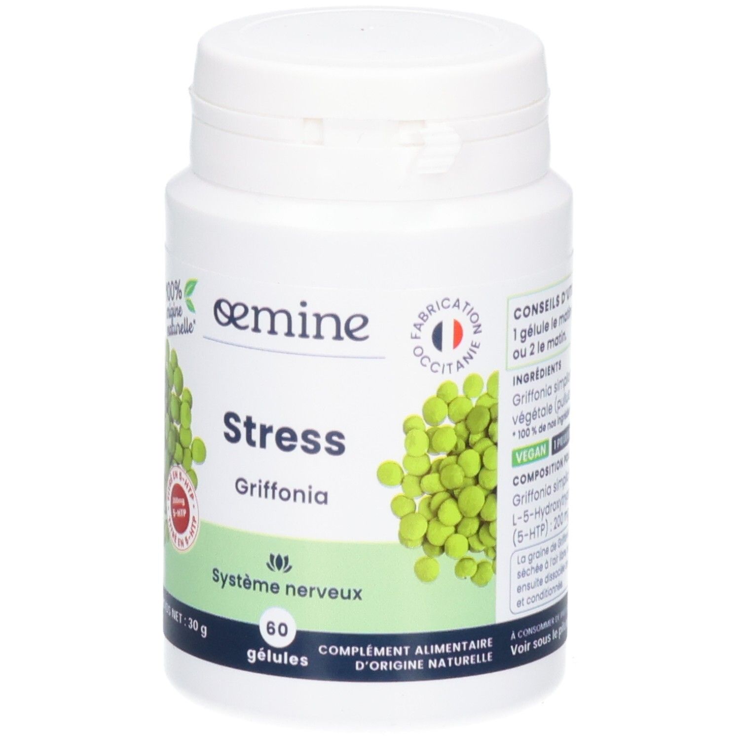 Pot blanc de gélules Griffonia. 100% origine naturelle, pour le système nerveux. 60 gélules.