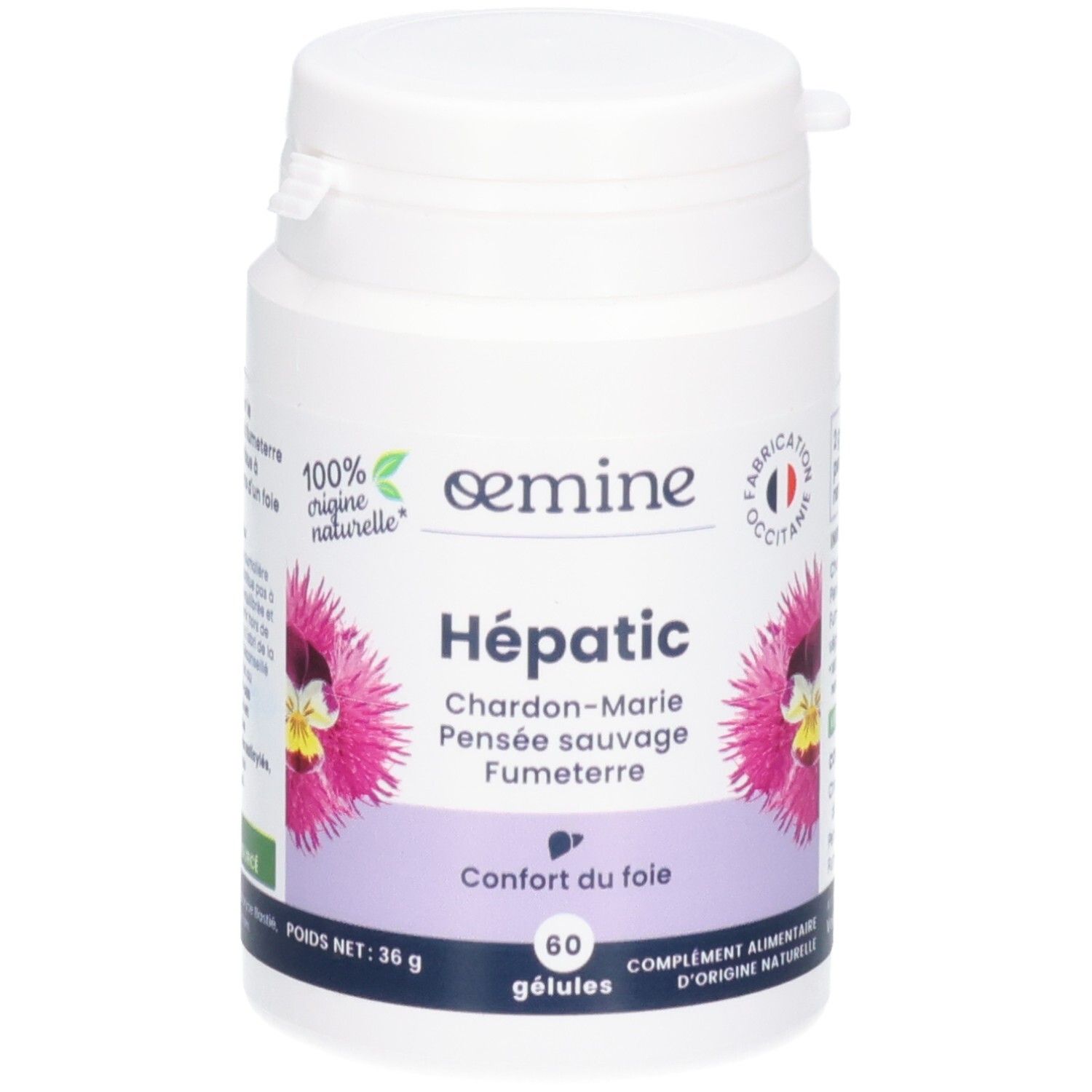 Boîte blanche OEMINE HEPATIC, 60 gélules. Contient Chardon-Marie, Pensée sauvage, Fumeterre. Confort du foie.