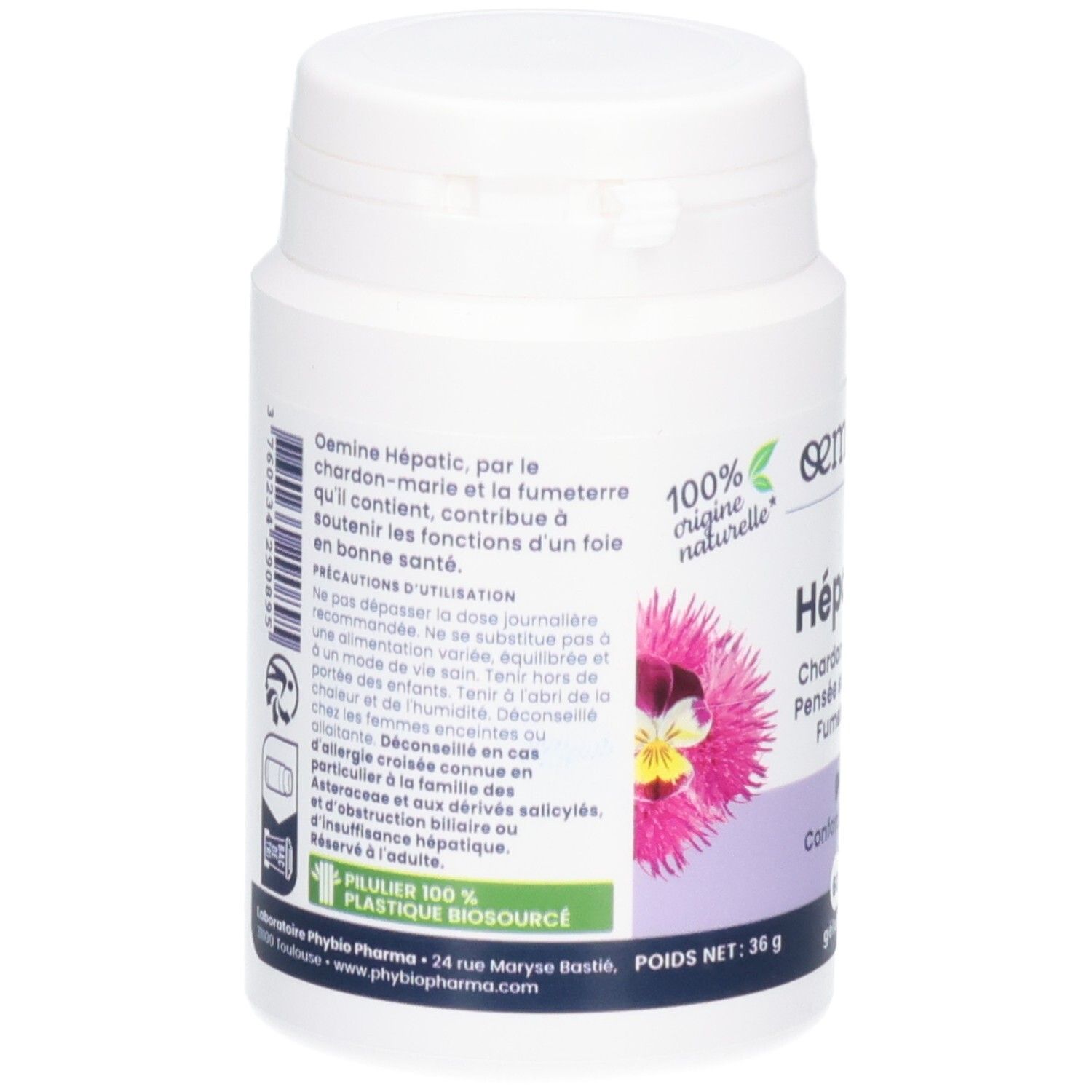 Arrière de la boîte OEMINE HEPATIC. Informations sur les ingrédients et précautions d'emploi. 100% origine naturelle.