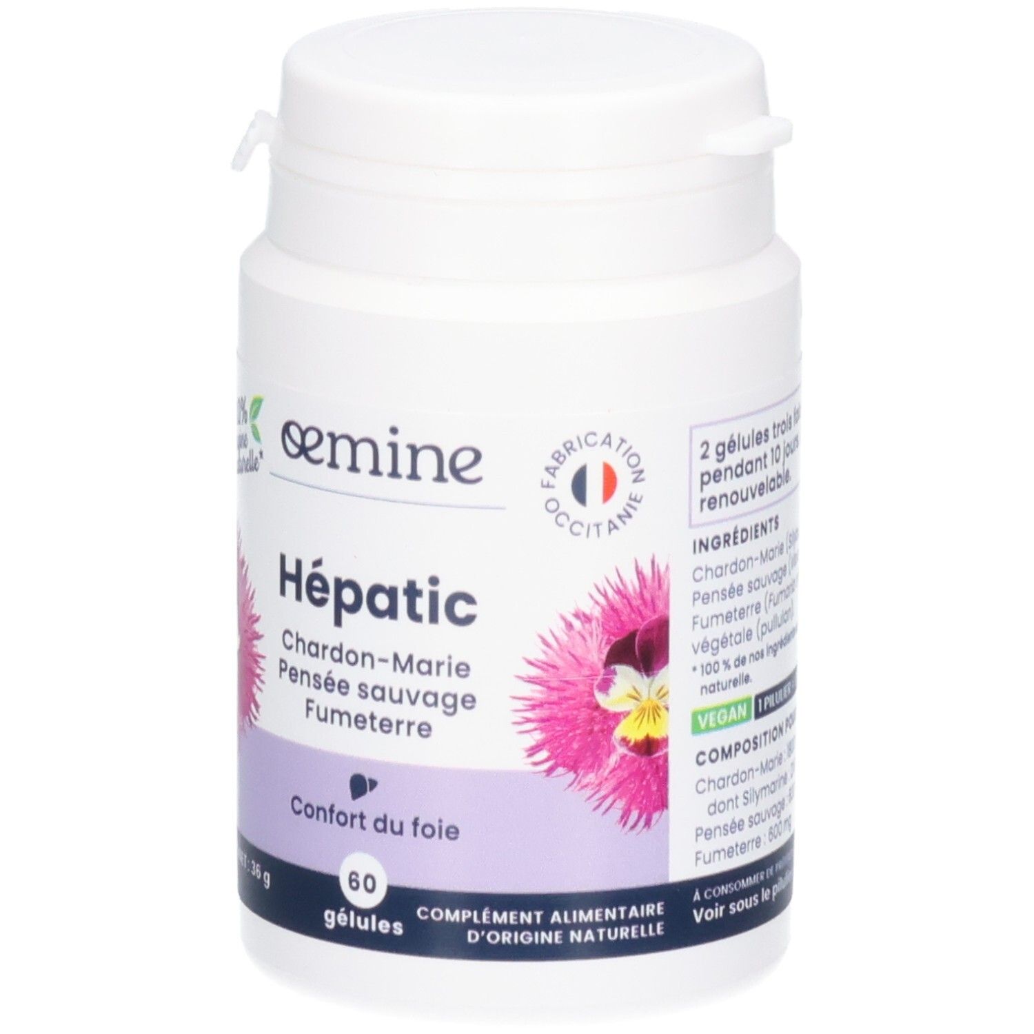 Face avant de la boîte OEMINE HEPATIC. Avec motif floral. Contient 60 gélules. Certifié vegan.
