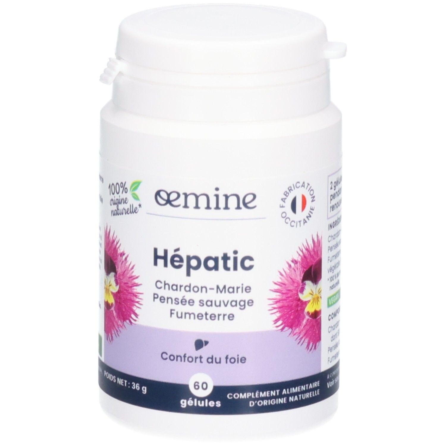 Face avant de la boîte OEMINE HEPATIC. Avec motif floral. Contient 60 gélules. Fabriqué en Occitanie.