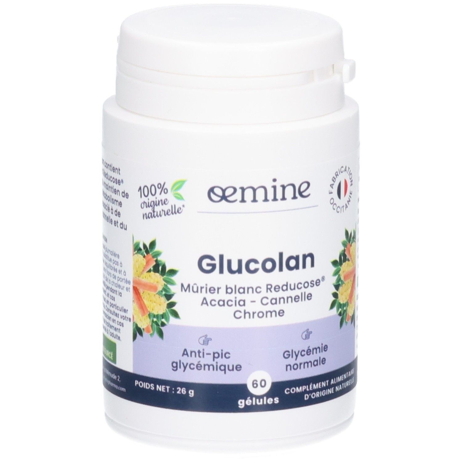 Oemine Glucolan Gélules: Boîte blanche étiquetée, 60 gélules, ingrédients naturels.
