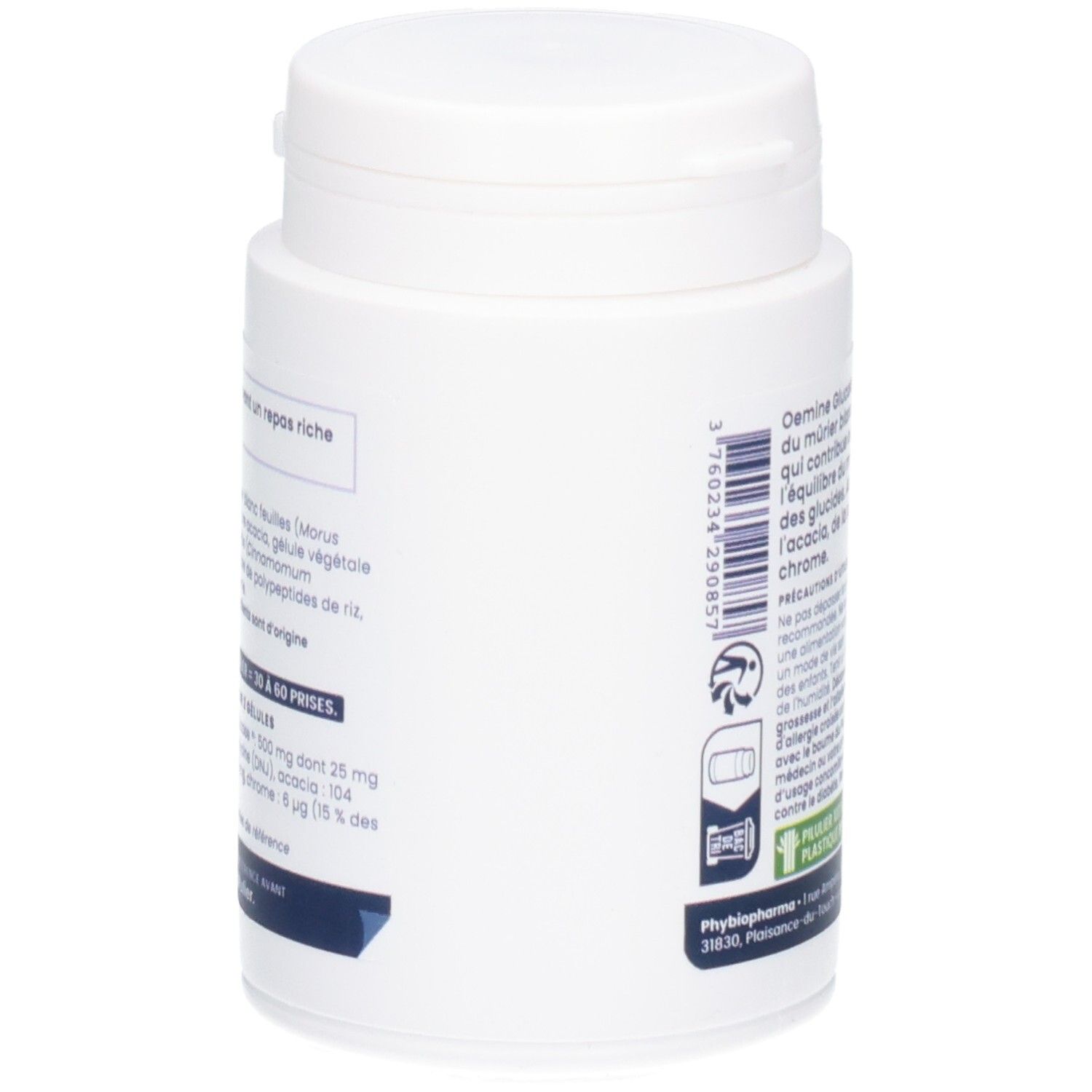 Vue latérale de la boîte Oemine Glucolan avec code-barres et informations produit.
