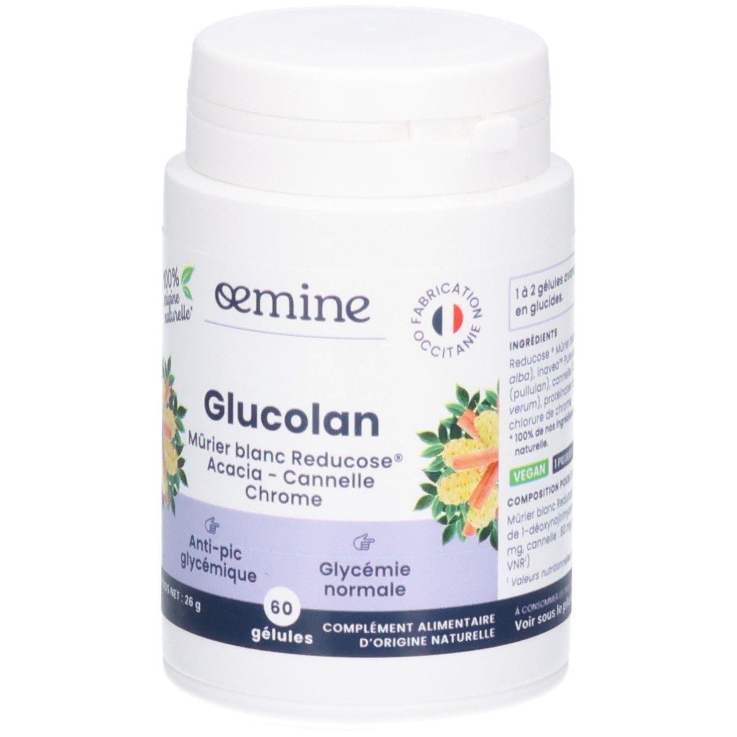 Avant de la boîte Oemine Glucolan: Nom du produit, ingrédients et nombre de gélules.