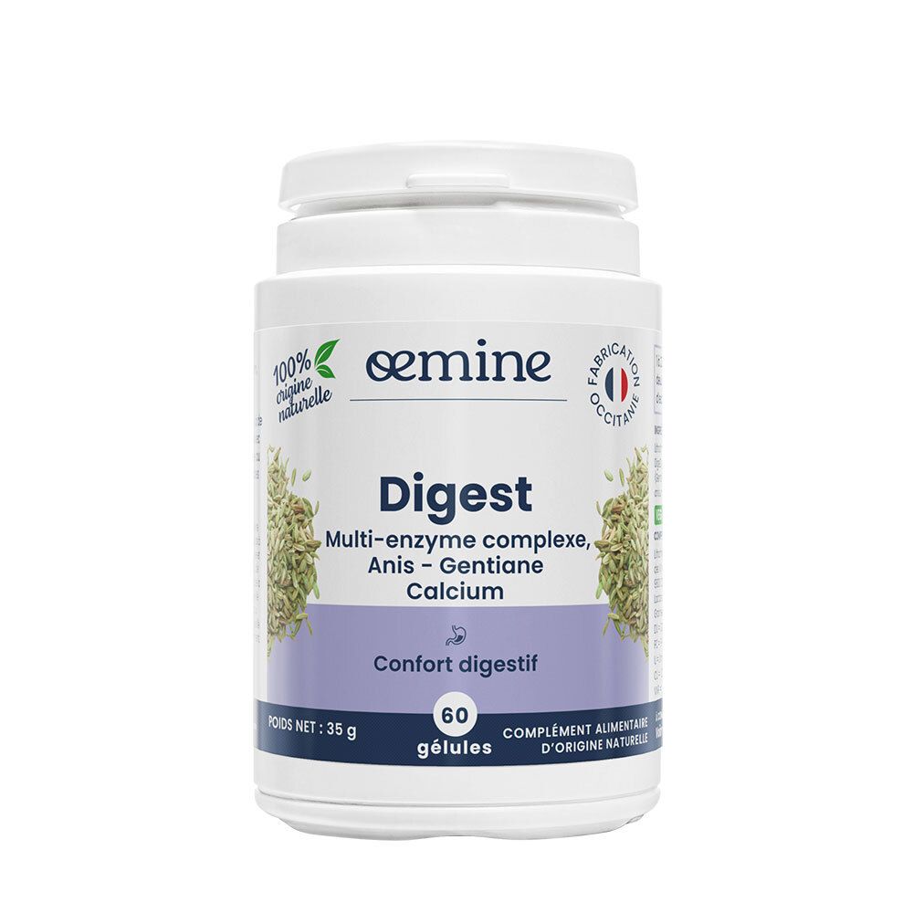 Pot blanc Oemine Digest, complexe multi-enzymatique, anis, gentiane, calcium.