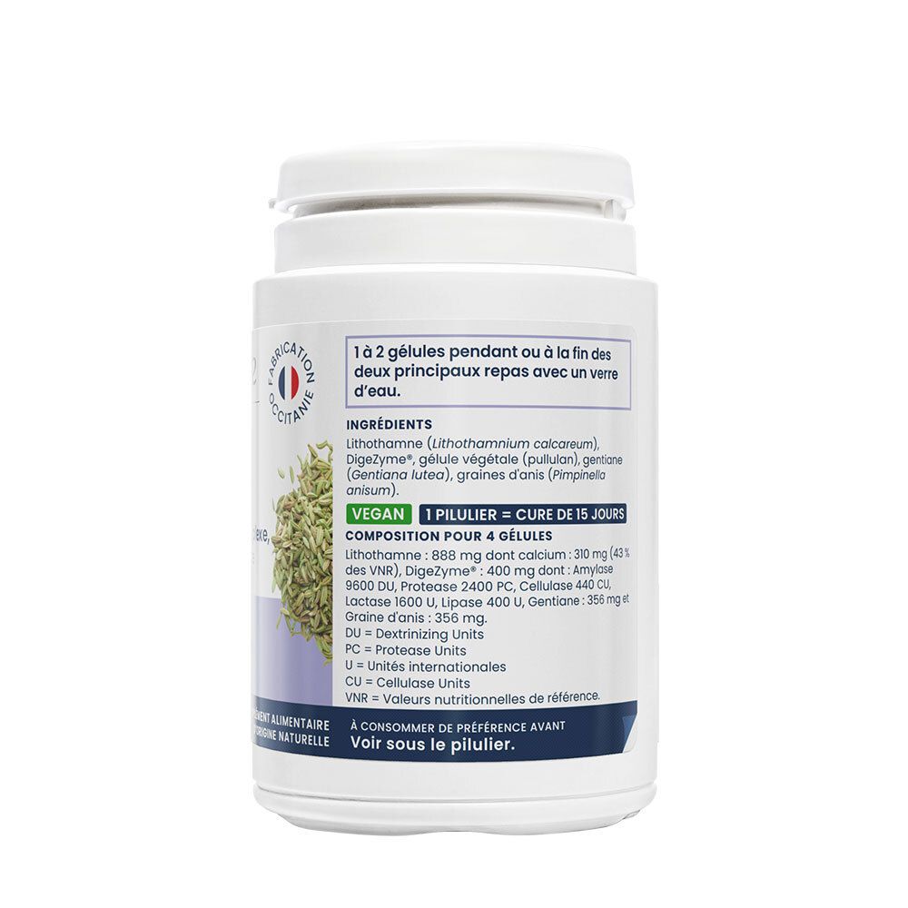 Arrière d'un pot Oemine Digest avec liste des ingrédients, mention végane et composition.