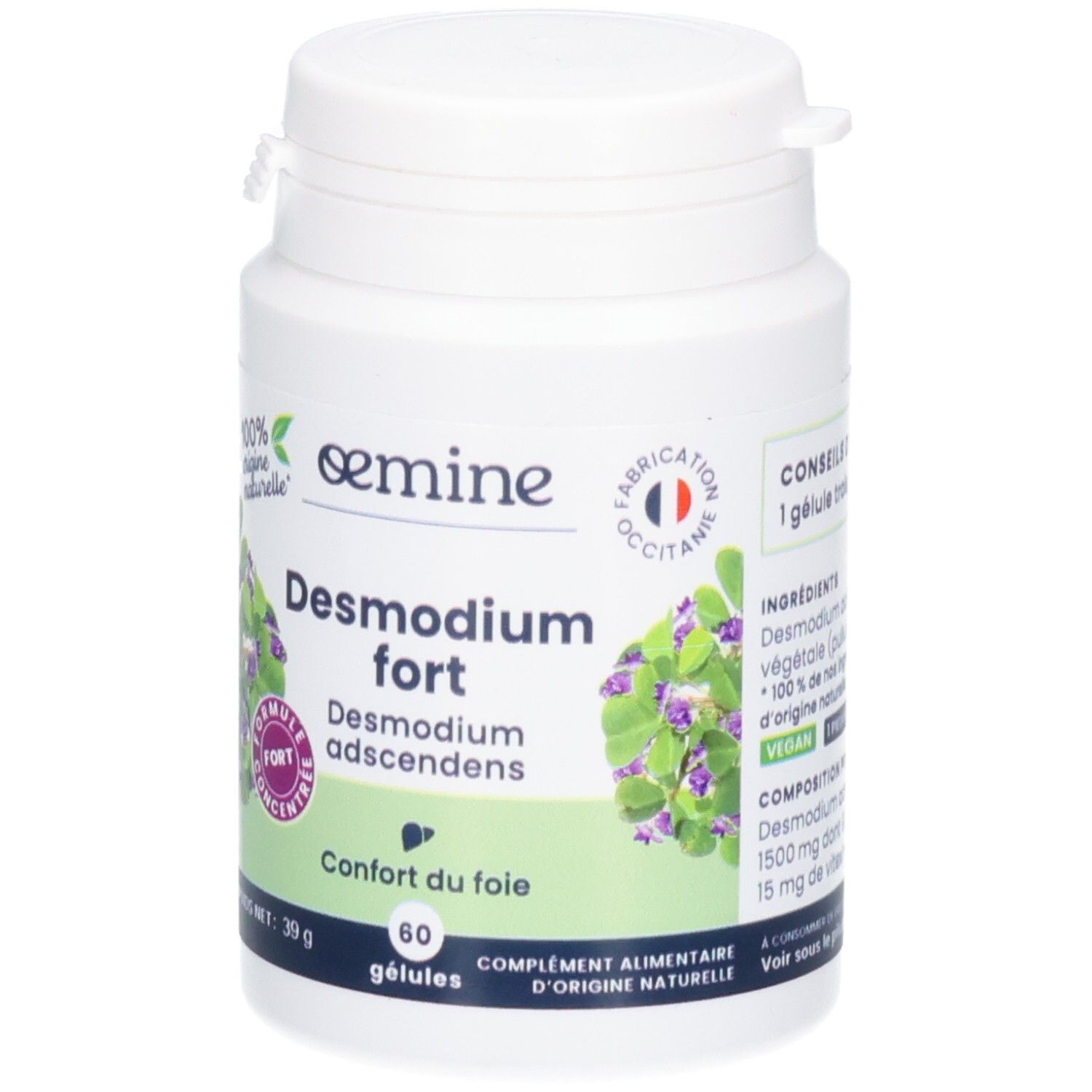 Avant d'un pot de 60 gélules de Desmodium adscendens, vegan.