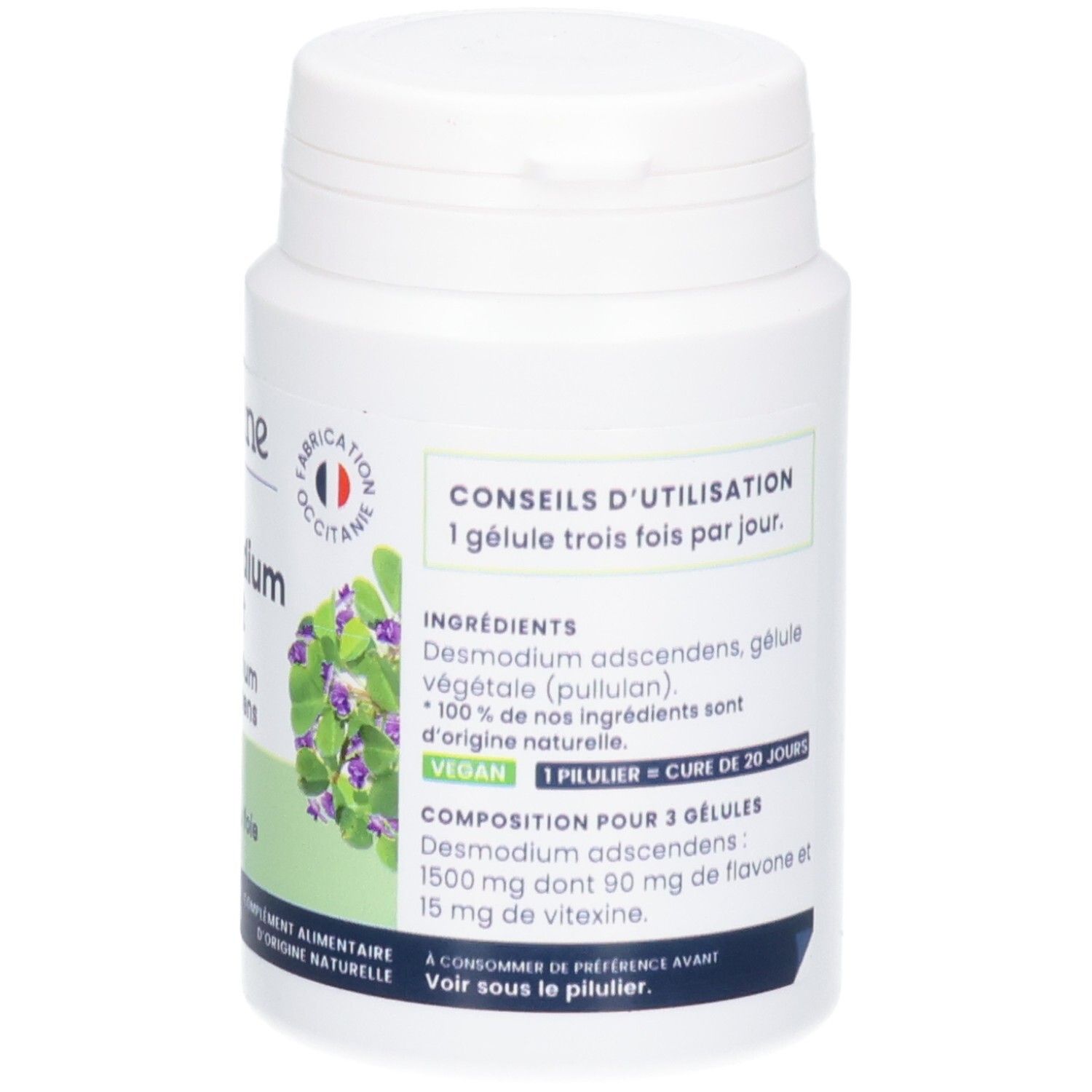 Avant détaillé d'un pot de Desmodium adscendens, ingrédients.