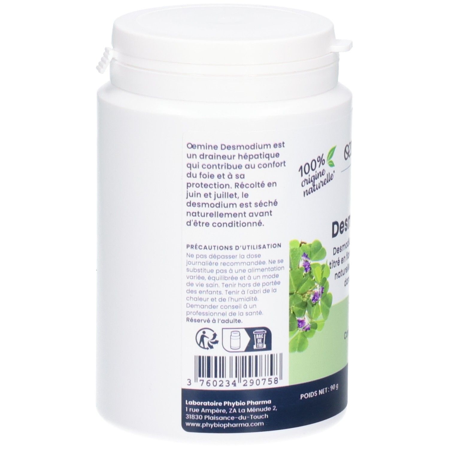 Arrière d'un pot de gélules Desmodium, avec instructions et ingrédients.