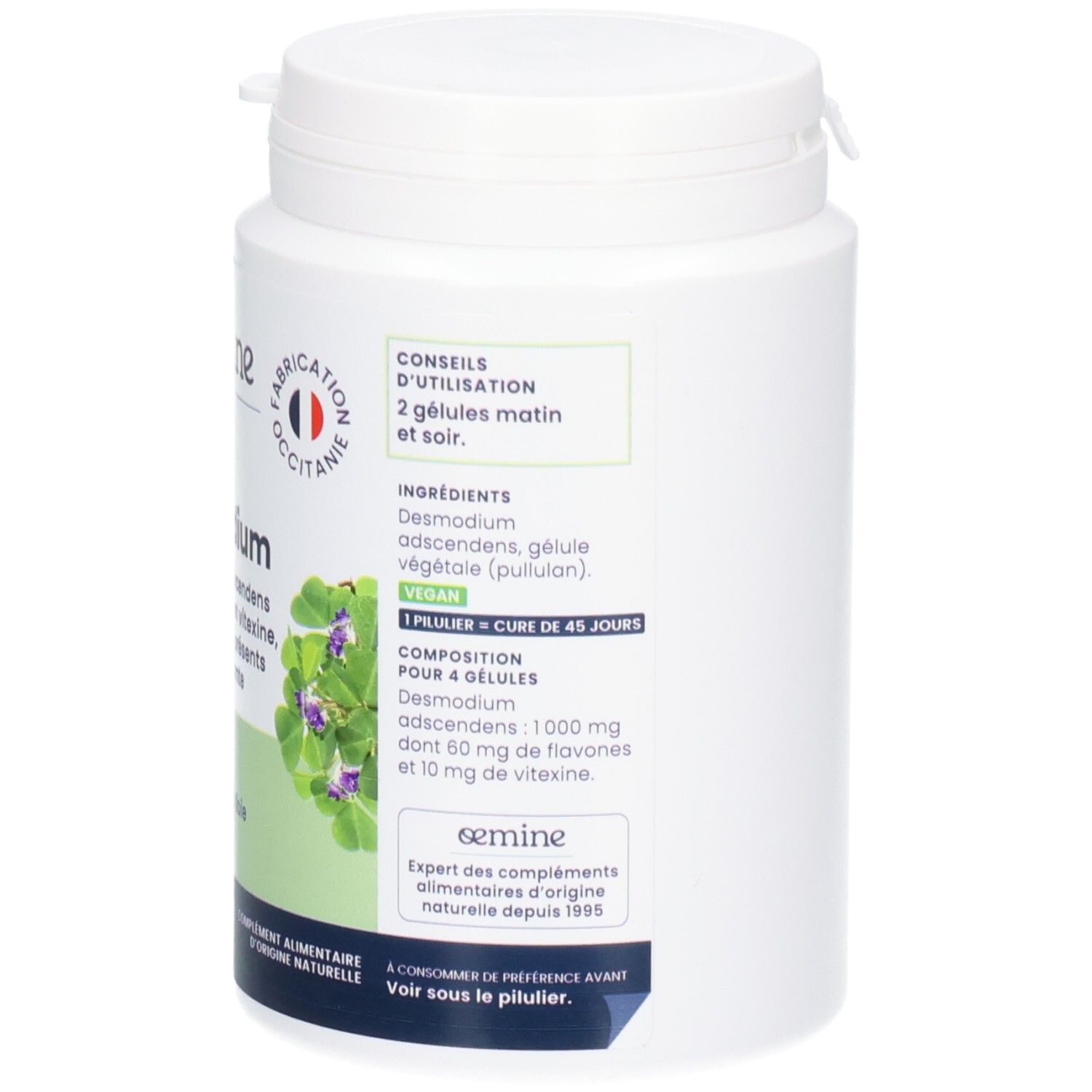 Vue détaillée de l'arrière d'un pot de gélules Desmodium, avec ingrédients et label vegan.