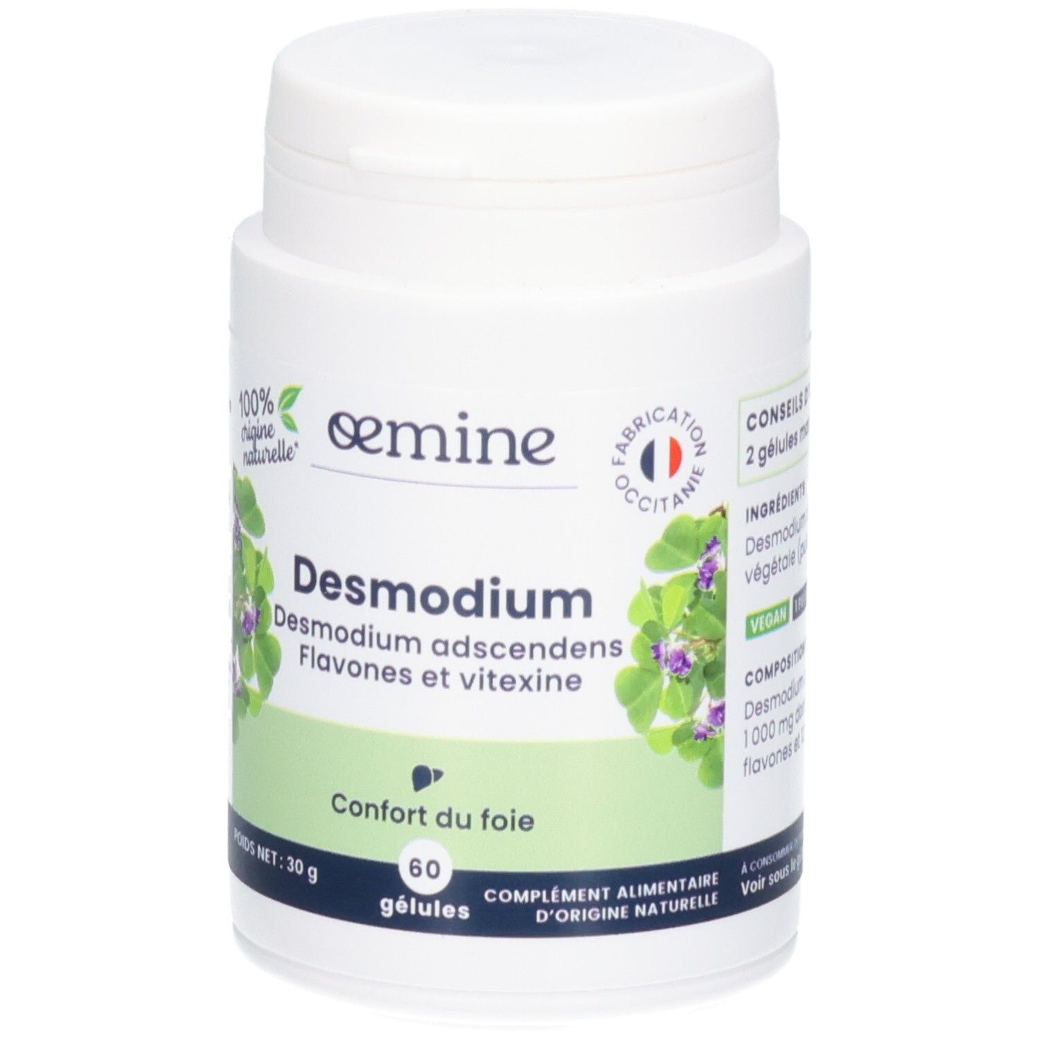 Avant d'une boîte de 60 gélules Oemine Desmodium, pour le confort du foie.