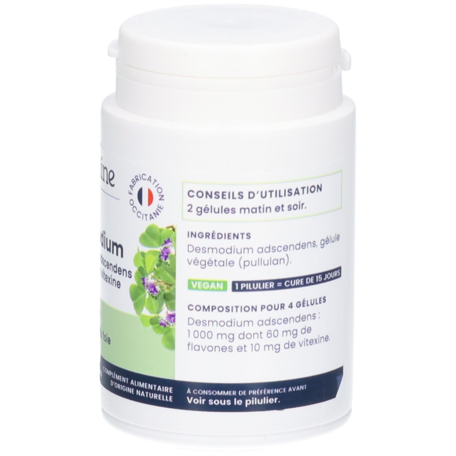 Boîte de gélules Oemine Desmodium avec conseils d'utilisation et ingrédients.
