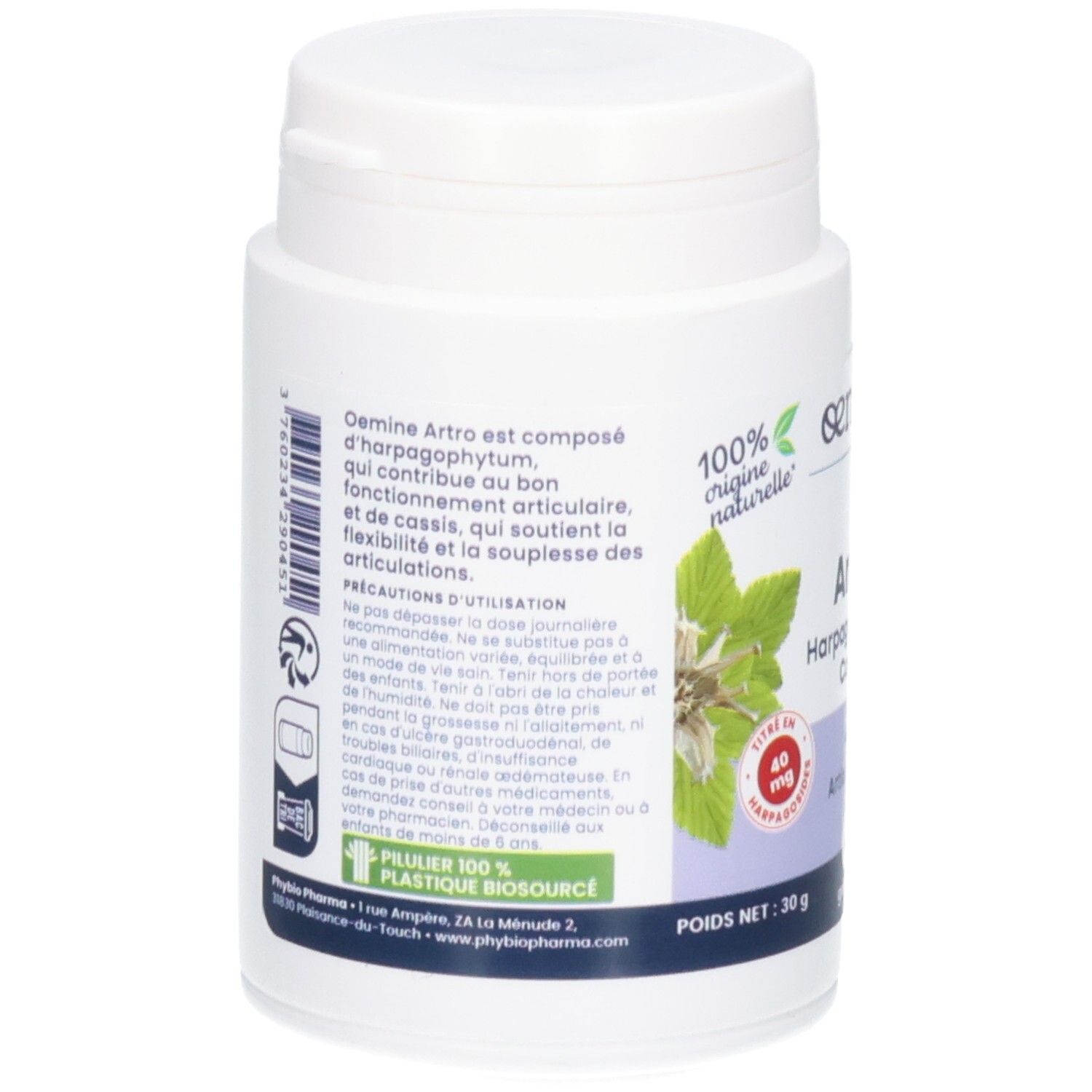 Arrière de la boîte OEMINE ARTHRO avec ingrédients et conseils d'utilisation.