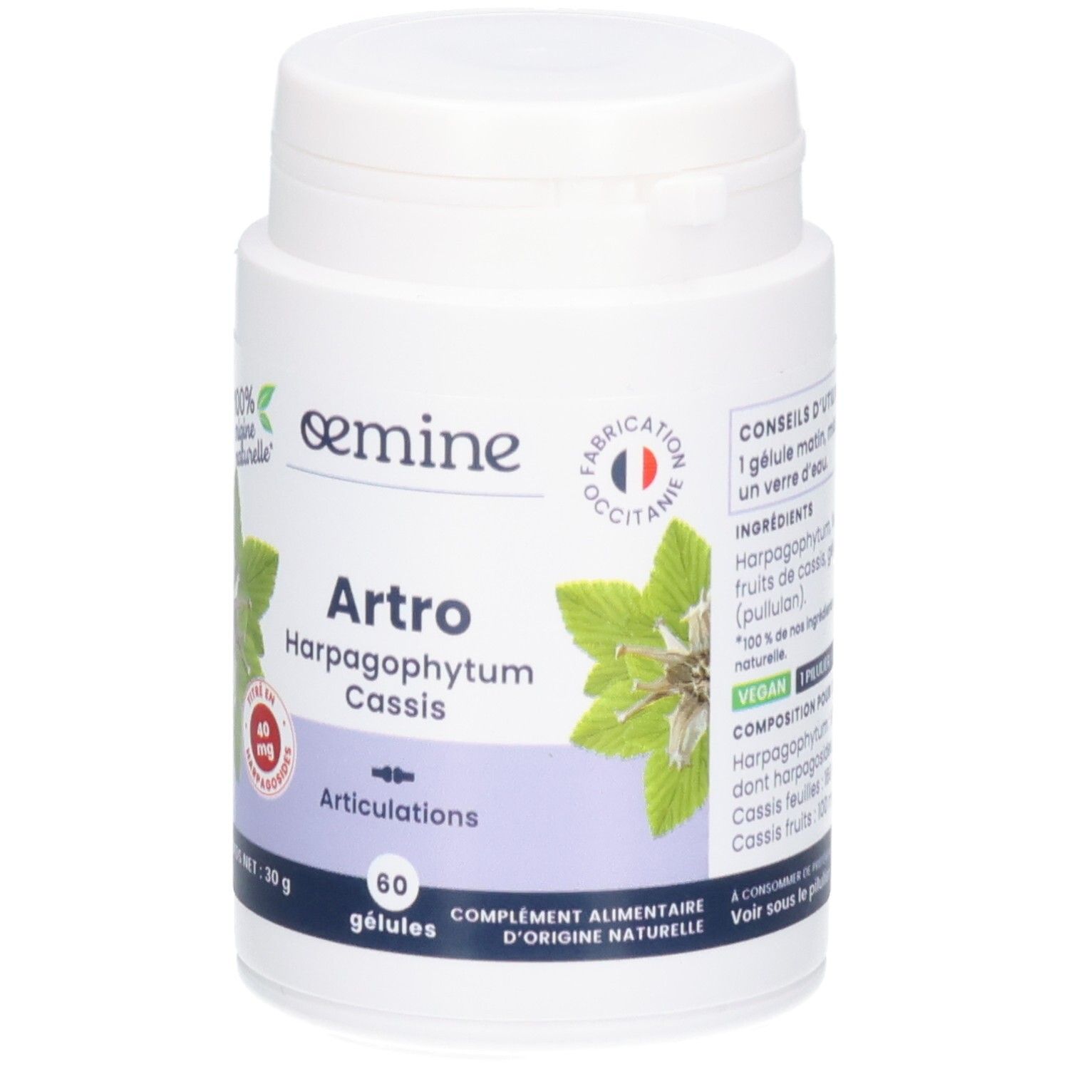 Avant de la boîte OEMINE ARTHRO, 60 gélules, à base d'Harpagophytum et Cassis.