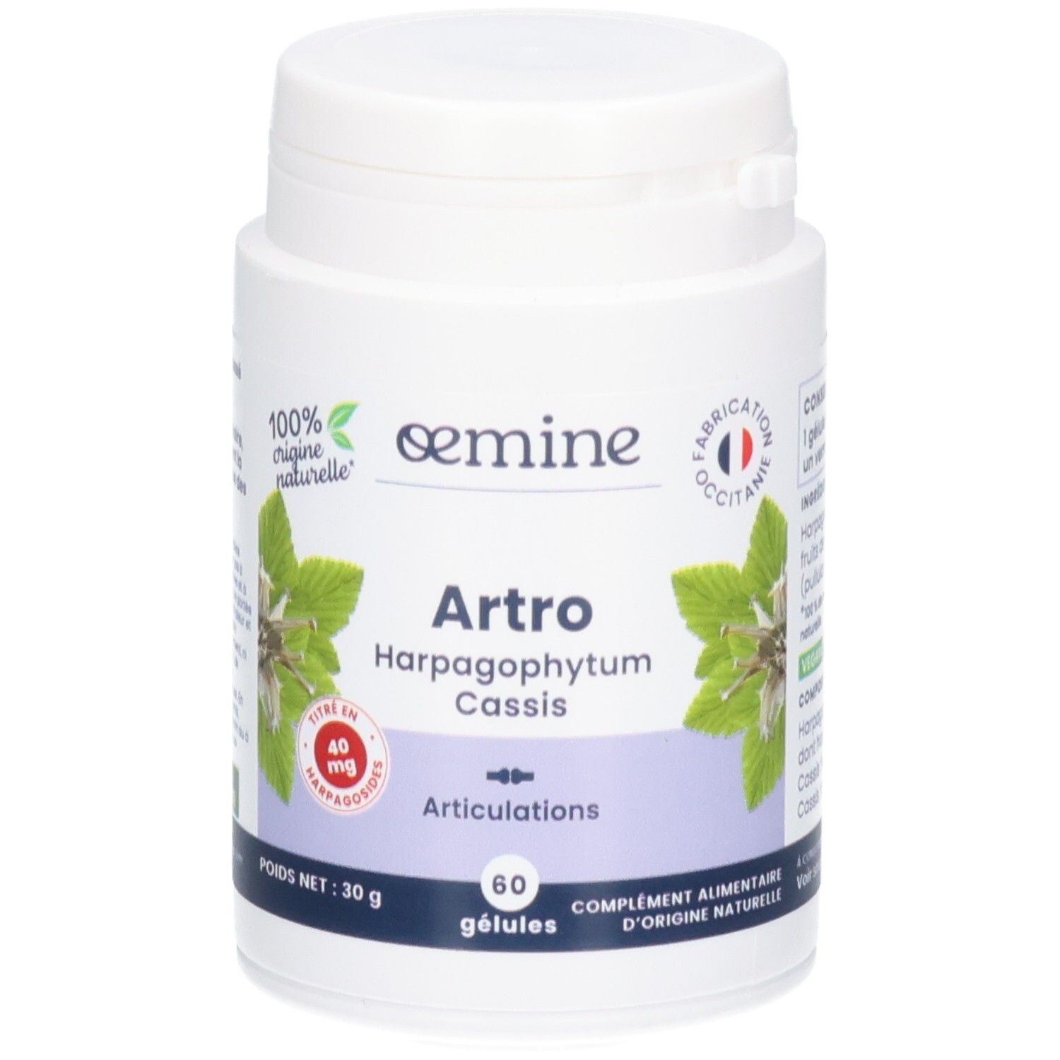 Boîte de 60 gélules OEMINE ARTHRO, à base d'Harpagophytum et Cassis pour les articulations.