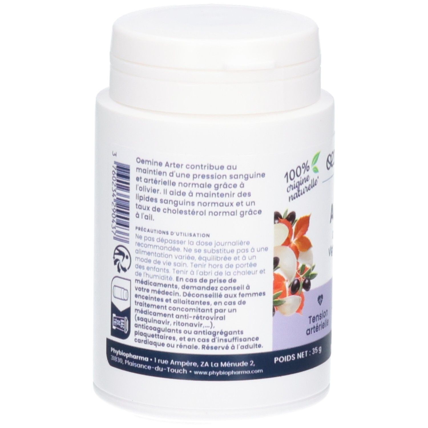 Arrière du pot OEMINE ARTER. Informations sur les ingrédients et conseils d'utilisation. 100% origine naturelle.