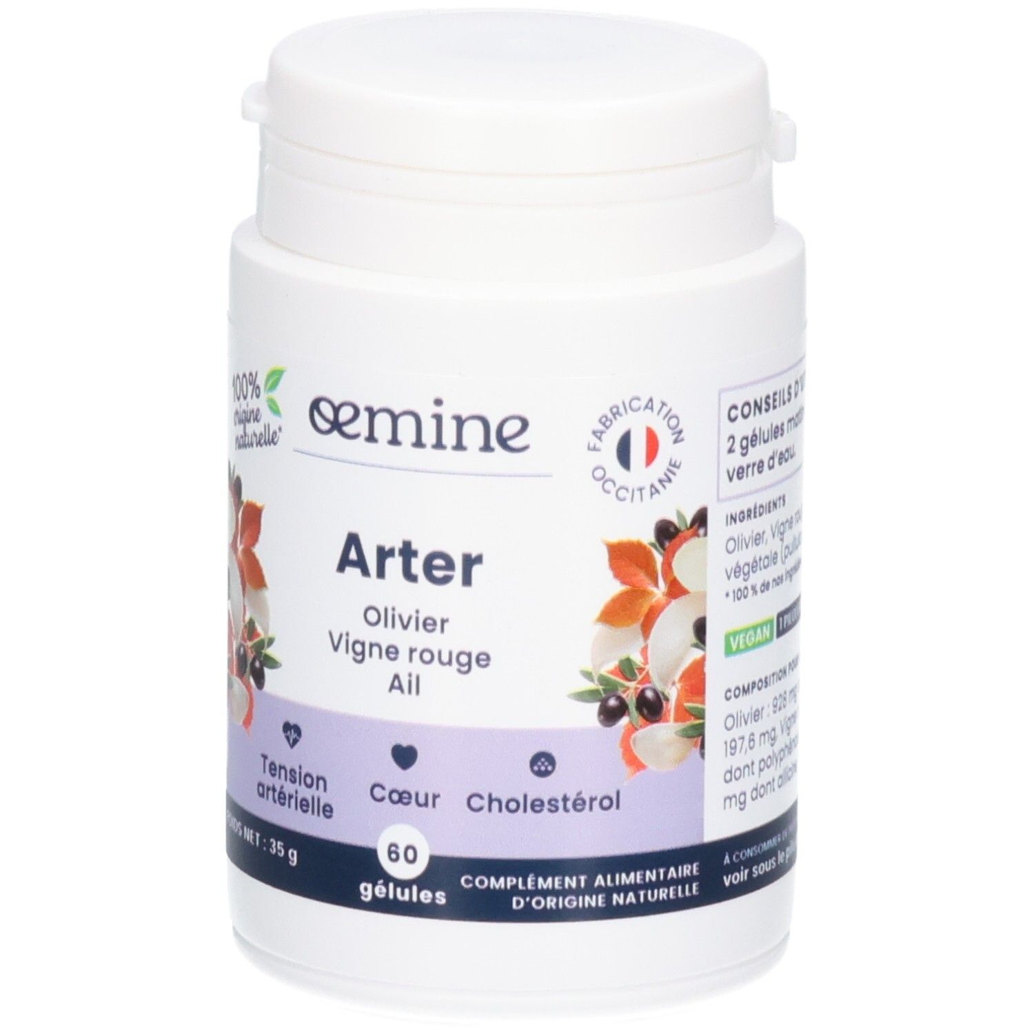 Face avant du pot OEMINE ARTER. Avec Olivier, Vigne rouge, Ail. Pour tension, cœur, cholestérol. 60 gélules.