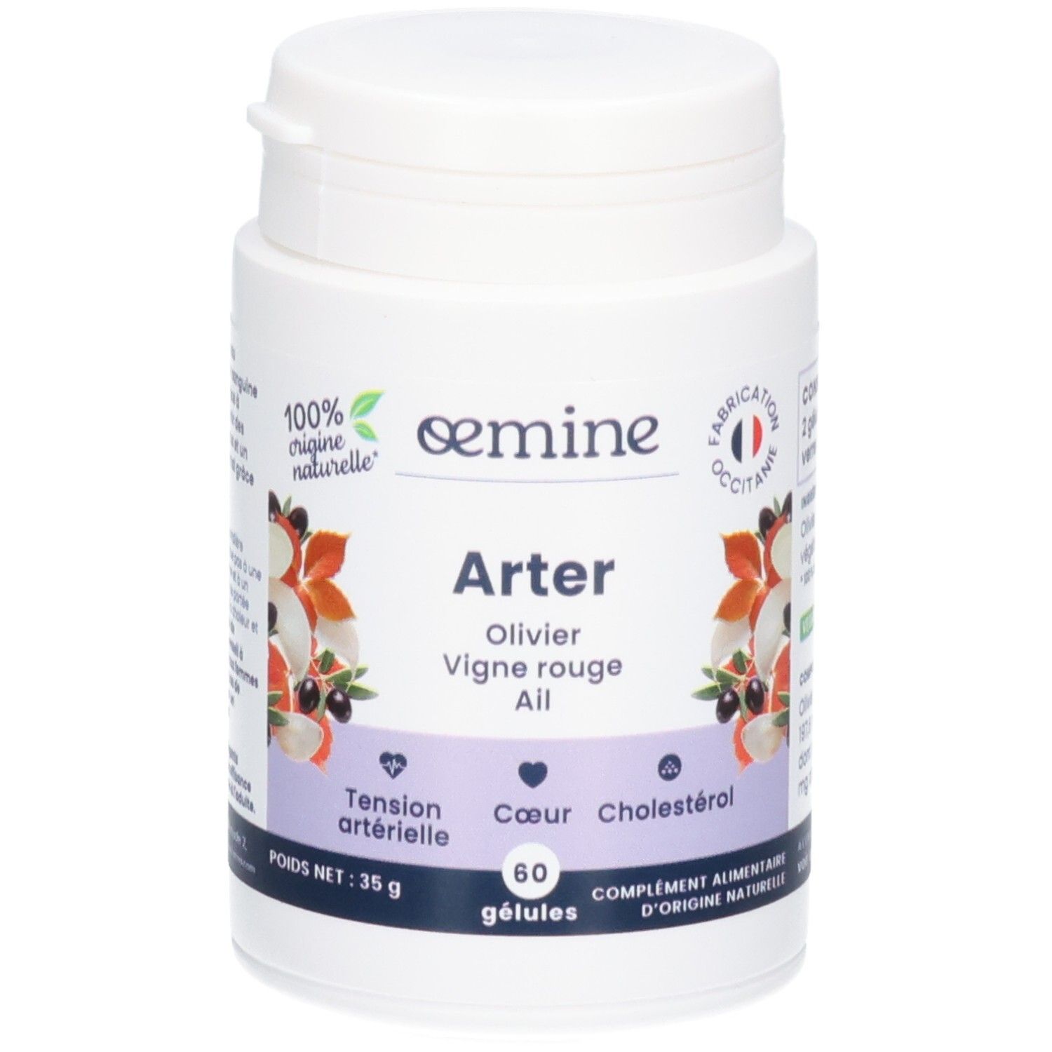 Face avant du pot OEMINE ARTER. Avec Olivier, Vigne rouge, Ail. Pour tension, cœur, cholestérol. 60 gélules.