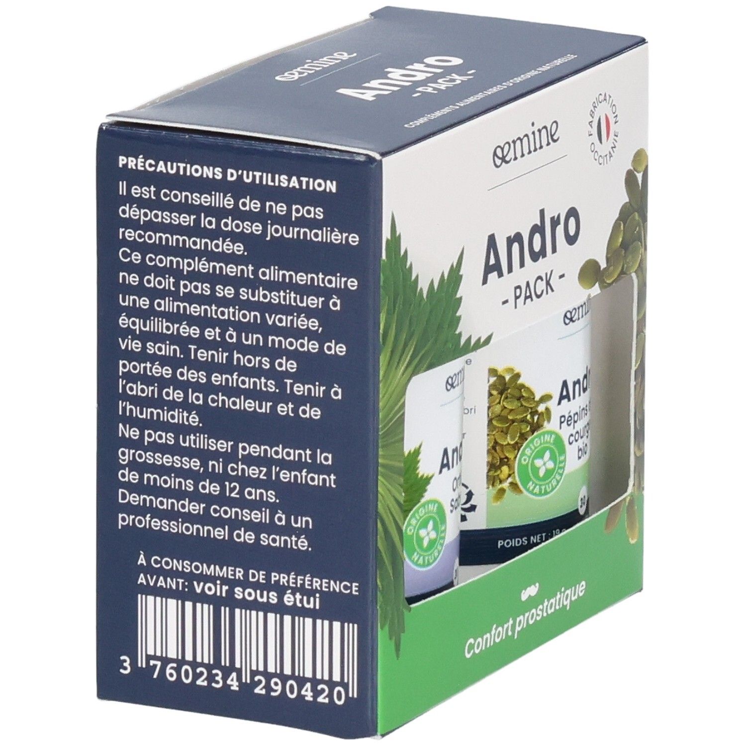 Arrière de la boîte OEMINE ANDRO PACK avec précautions d'emploi et code-barres.