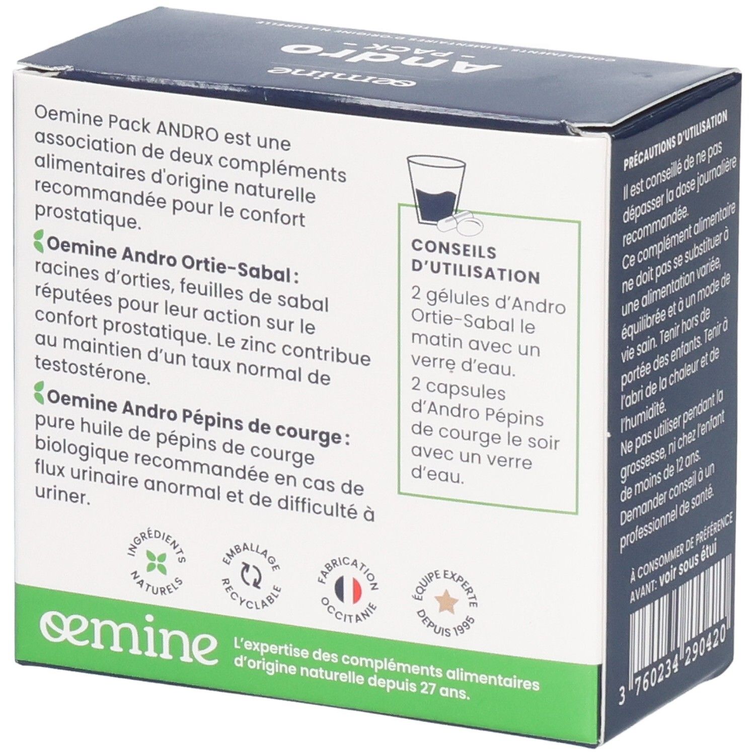 Vue latérale de la boîte OEMINE ANDRO PACK avec informations produit et conseils d'utilisation.